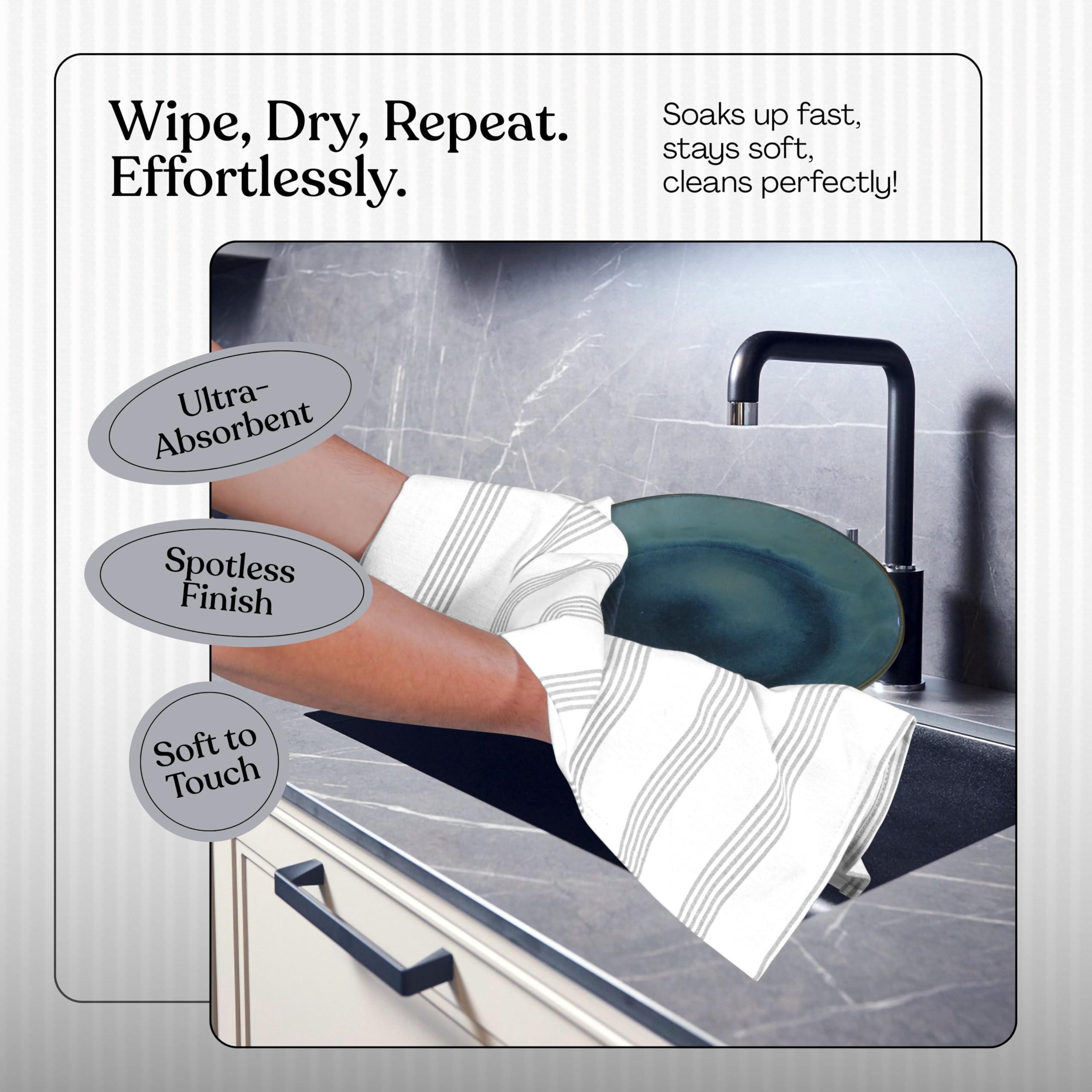 HEIRLOOM COMFORT Ash Gray Striped Dish Towels 3 Pack, Ultra Absorbent, Multi Pin Stripe Towel Set - Image 2