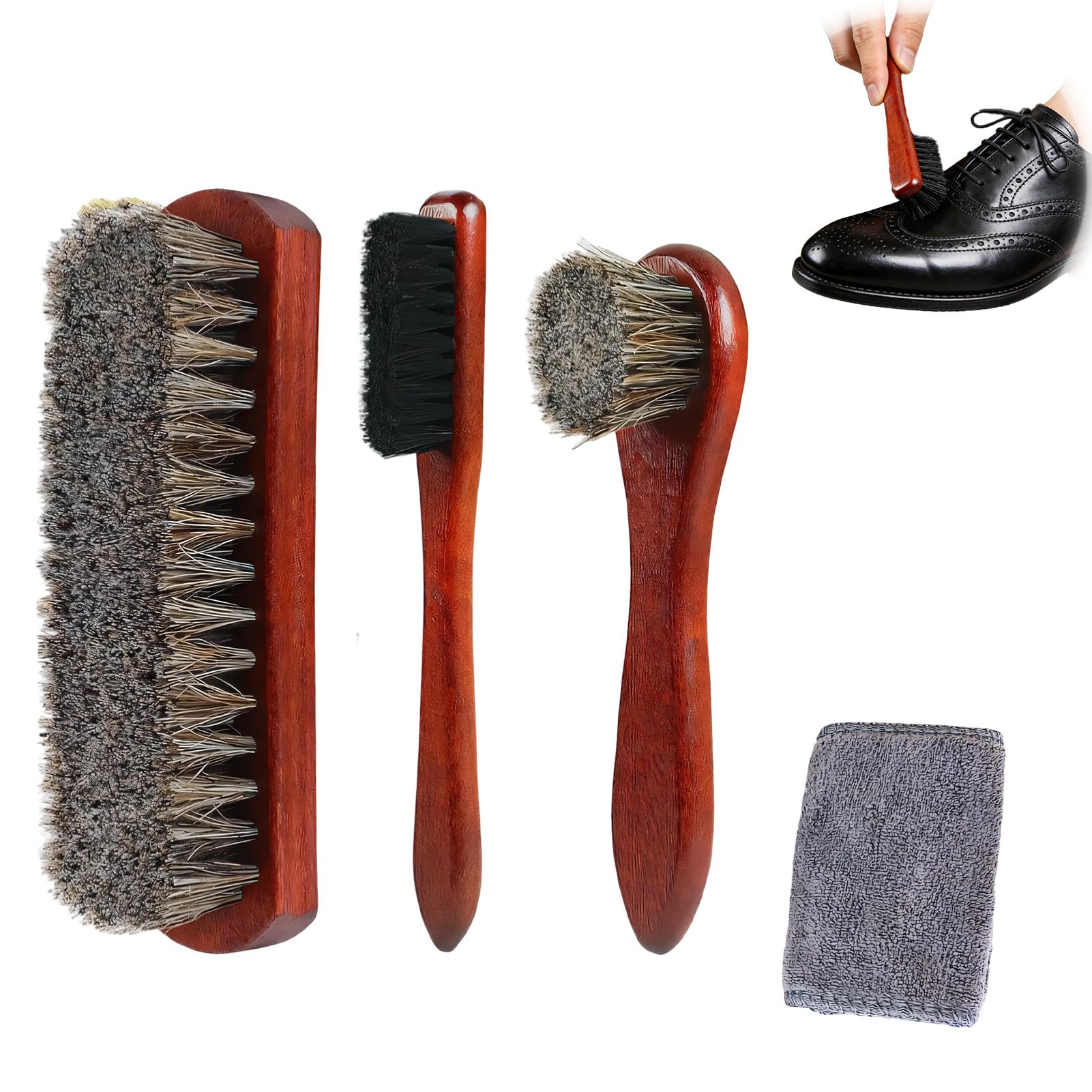 Brosses à Chaussures 4 Pièces, Crin de Cheval, Cuir Daim Cirage | 3 brosses en crin de cheval + chiffon microfibre pour cirage, nettoyage et entretien cuir, daim, bottes et sacs.