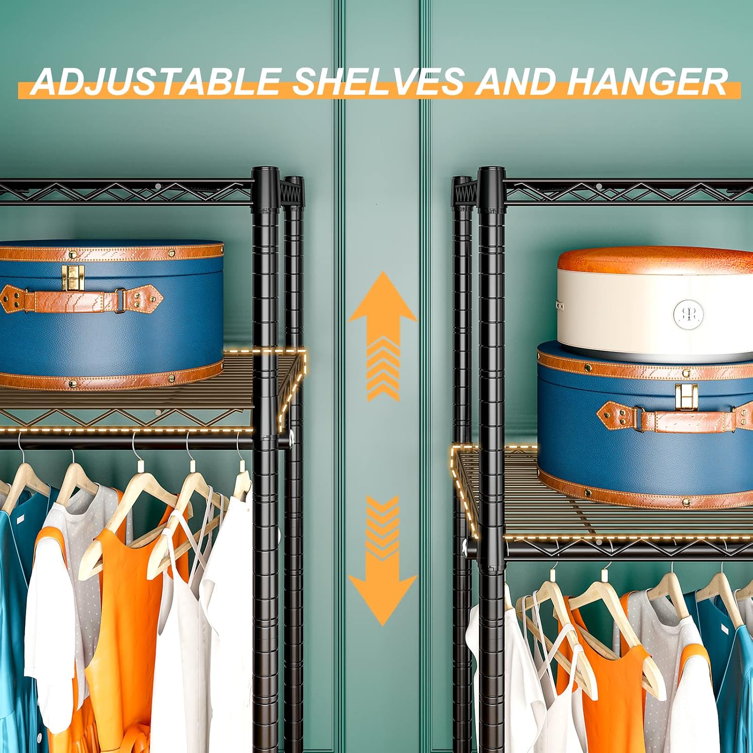 Diagram showing adjustable shelves and hanging rods on the Raybee clothes rack