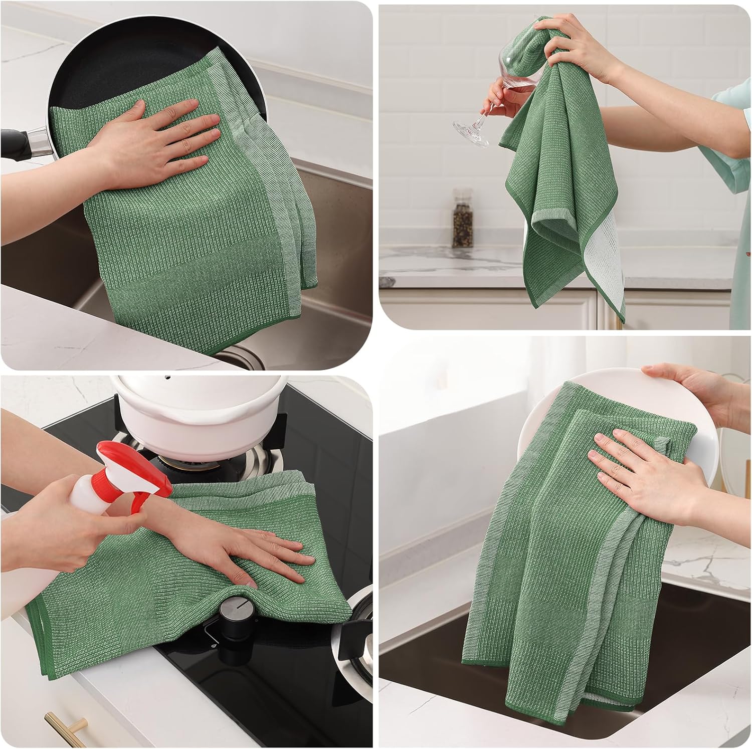 Mordimy Premium Kitchen Towels 6 Pack (18 x 28 Inches, Grass Green), Large Cotton Kitchen Hand Towel, Flat & Terry Dish Towels for Drying Dishes, Super Absorbent Tea Dishtowels Set with Hanging Loop