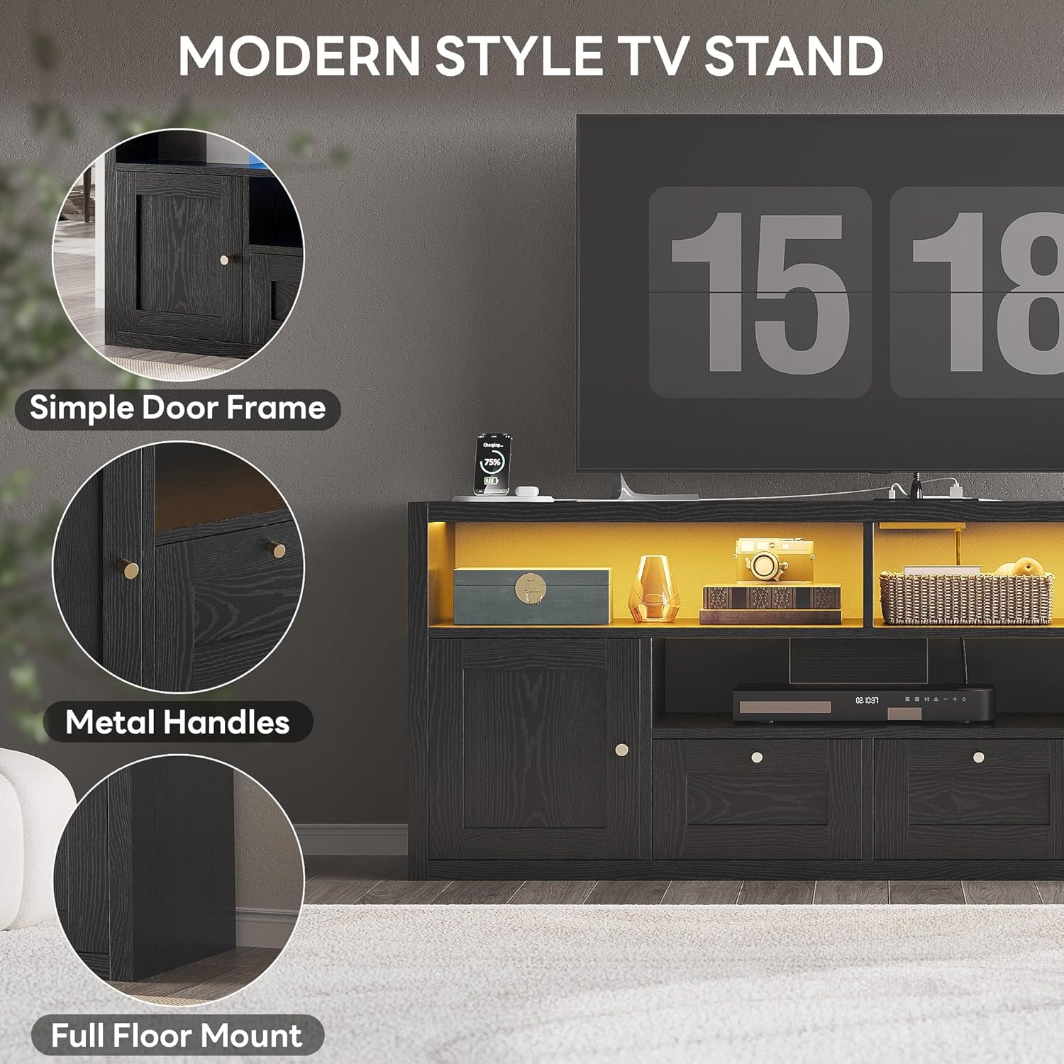 LIKIMIO Premium Black TV Stand with 1" Thick Top for 65" TV, Modern TV Console with LED Lights, Charging Station & Storage, High-End Entertainment Center for Living Room and Bedroom - Image 7