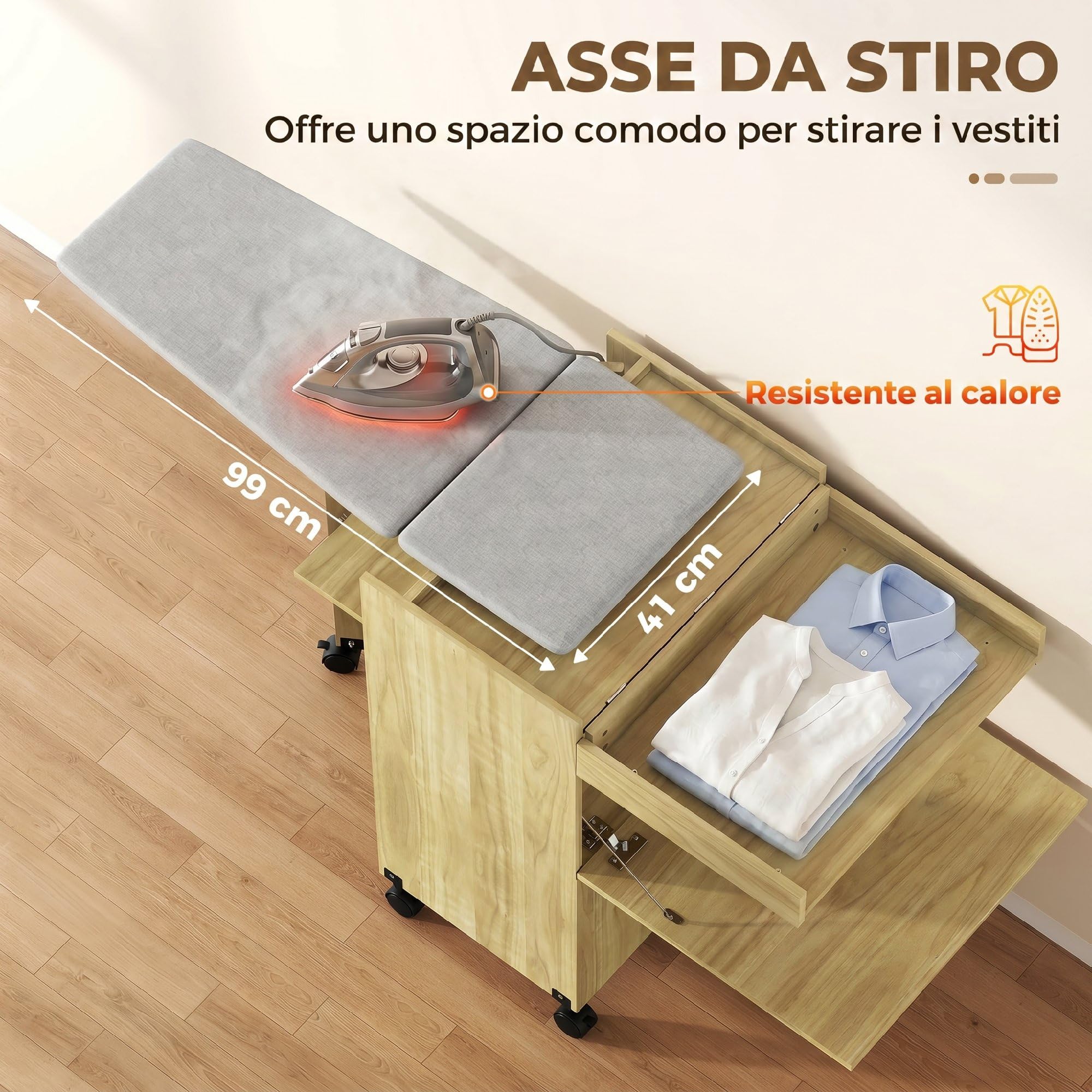 HOMCOM Table à Repasser Pliable avec roulettes à Frein et Porte-Fer à Repasser, Meuble à Repasser Multifonctionnel avec Barre à cintres, étagères réglables, pour buanderie, Salle de Bain, 127 x 42,5