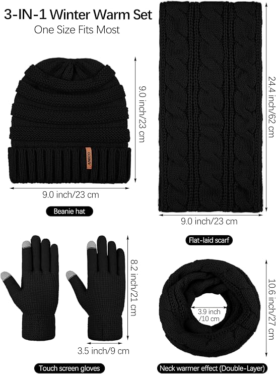 Aneco Winter Warm Knitted Scarf Beanie Hat and Gloves Set Men & Women's Soft Stretch Hat Scarf and Mitten Set