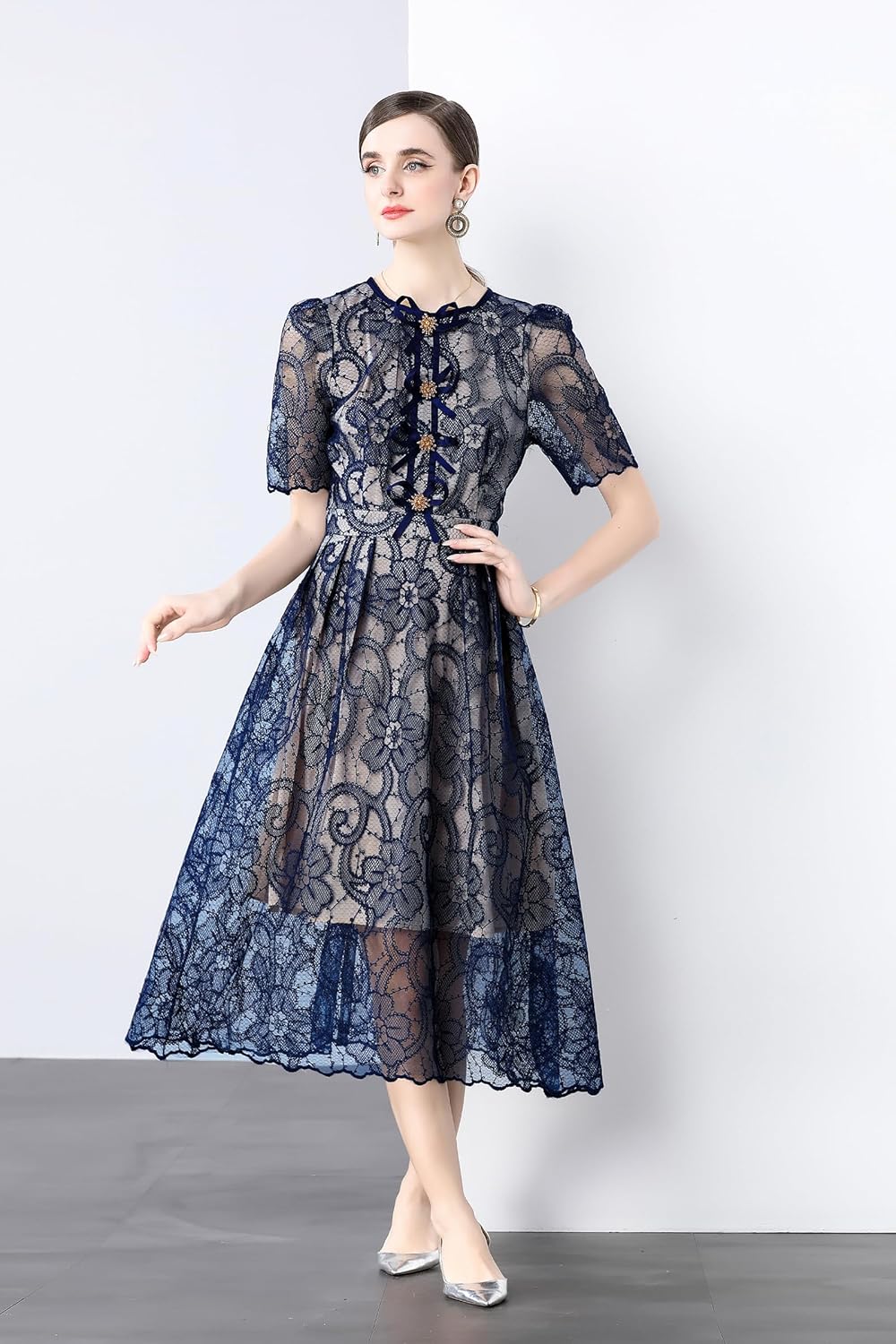 LAI MENG FIVE CATS Women's Puff Sleeve Crewneck Lace Mesh Embroidery Single-Breasted Buttons Midi Dress - Image 5