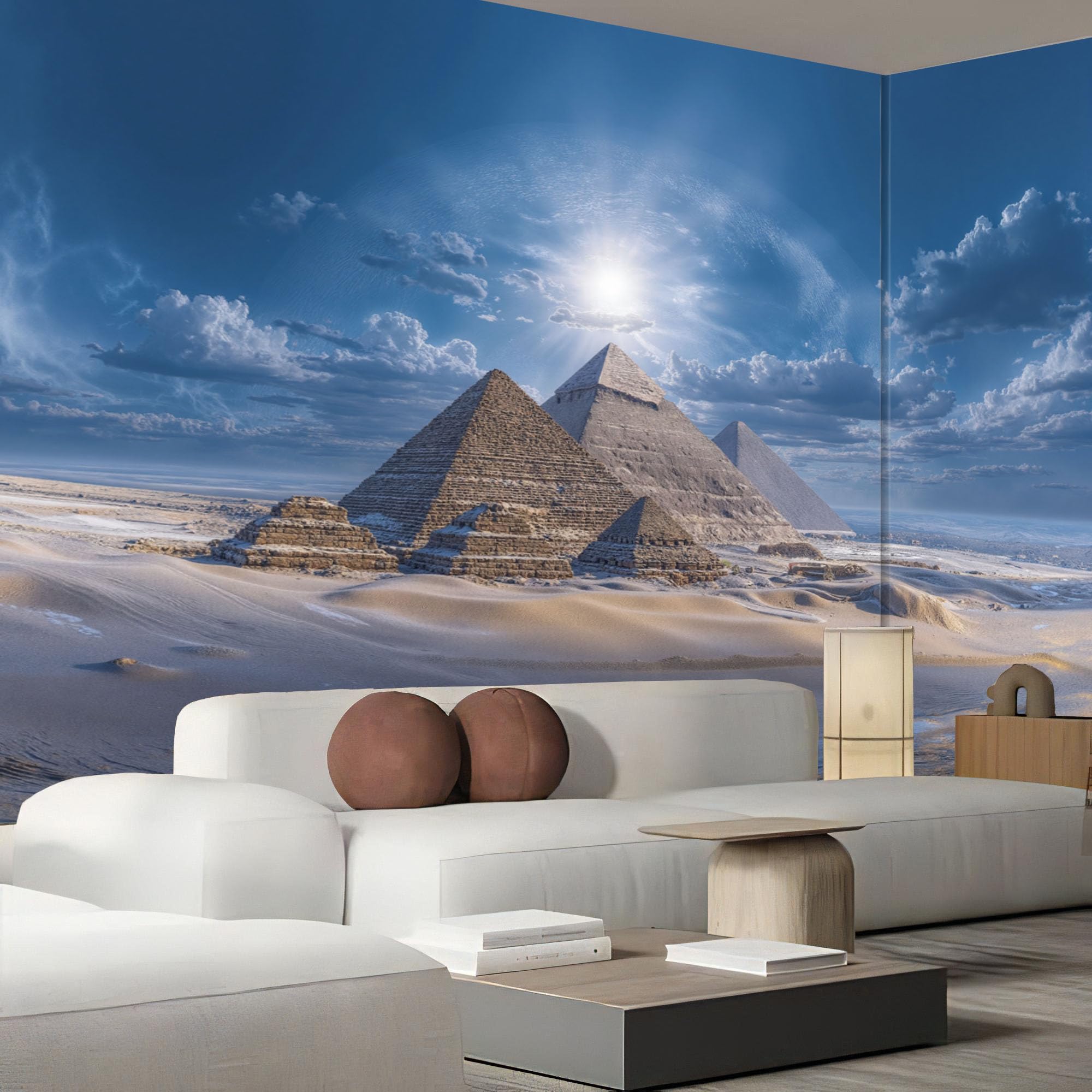 Papier peint pyramides Égypte bleu-gris : l'élégance d'un grand tableau photo mural