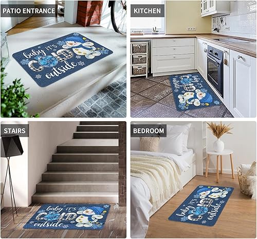 Miniatura 6 de Tapete decorativo de Navidad con diseño de muñeco de nieve para puerta de exterior, tapete de bienvenida con copos de nieve, azul, para invierno,