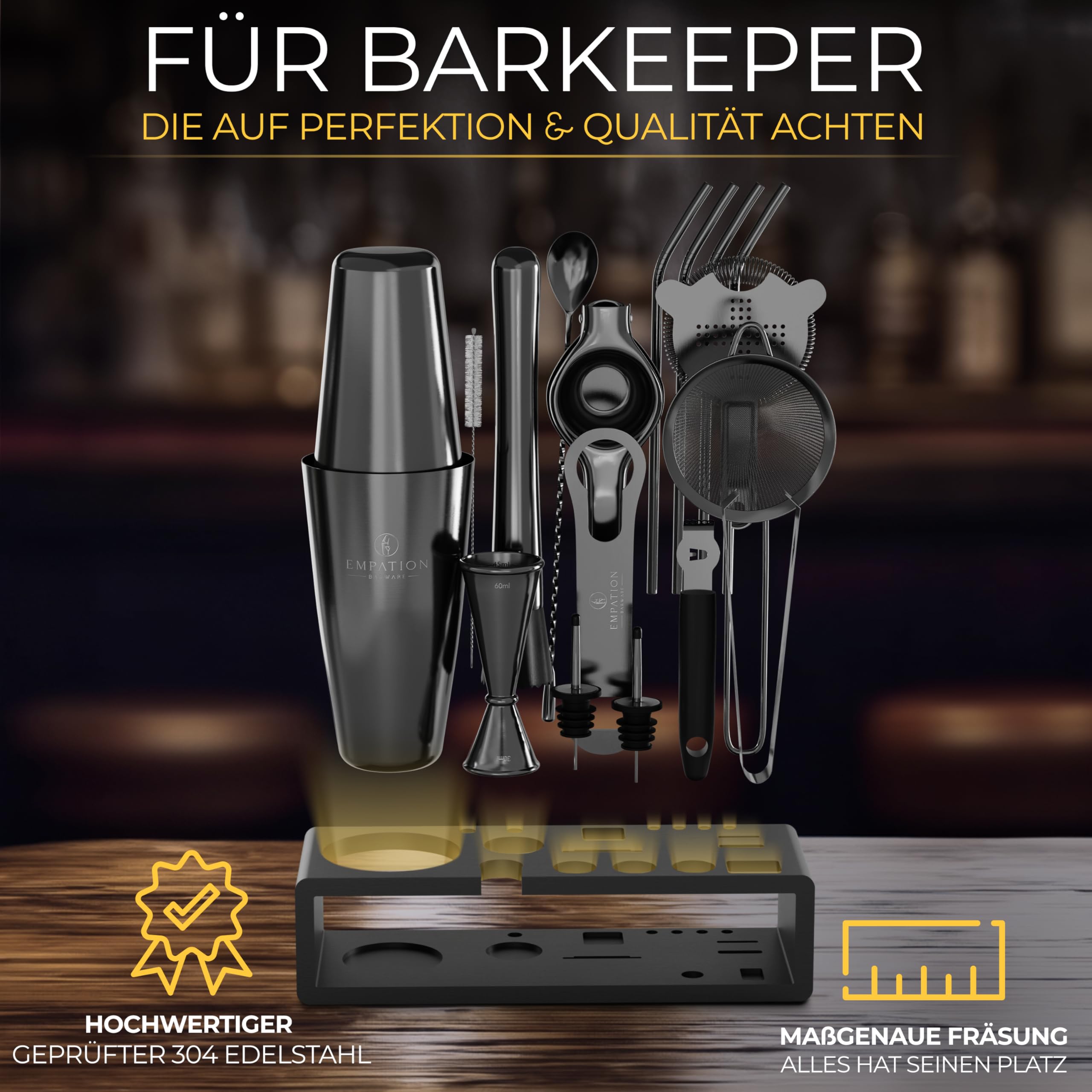 EMPATION Cocktail Set Schwarz [TESTSIEGER], 825ml Cocktail Shaker mit Bar Zubehör für Cocktails