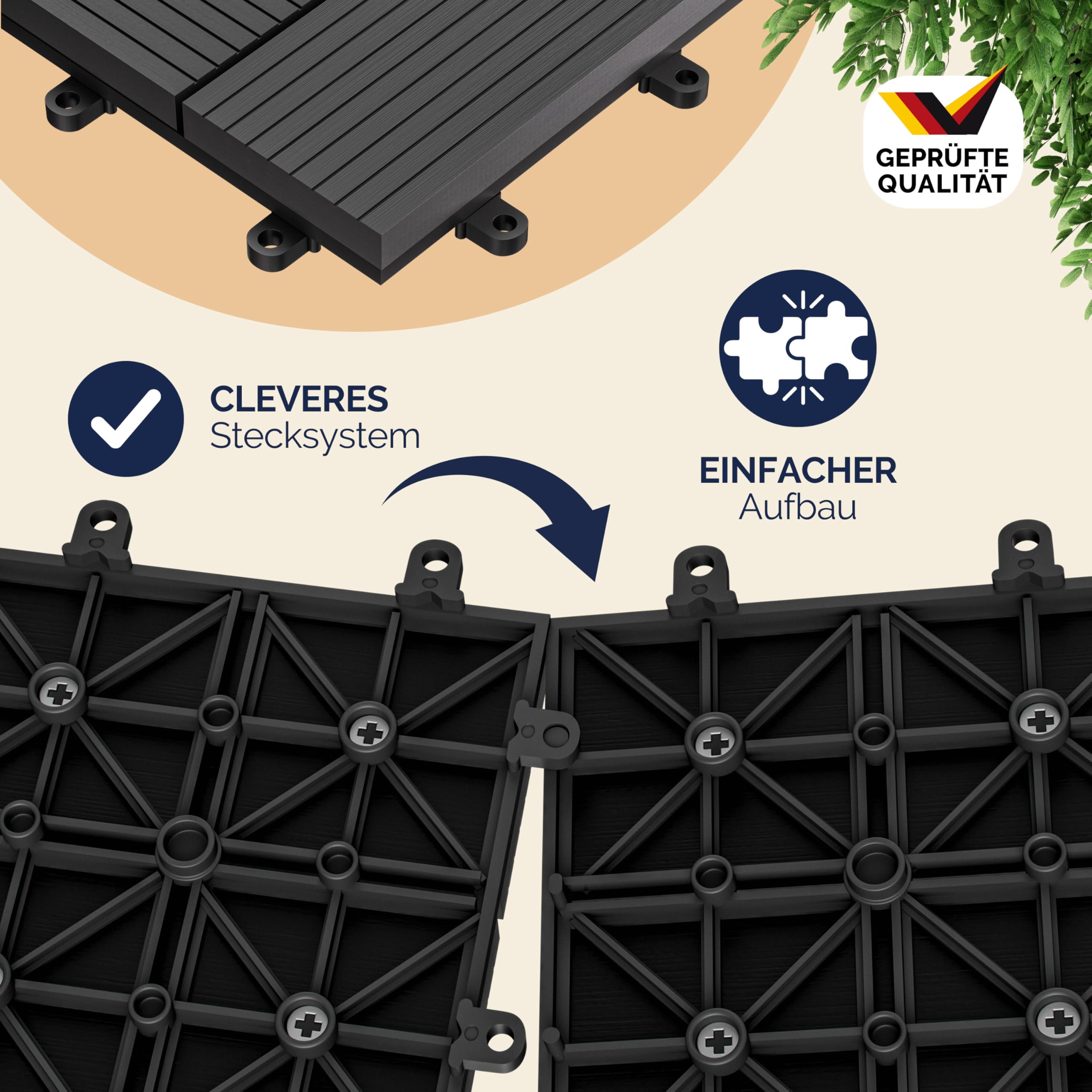 CASARIAŽ WPC Fliesen 30x30 cm 66er Set 6m˛ Stecksystem Drainage Zuschneidbar Terrasse Balkon Garten klick Mosaik Anthrazit