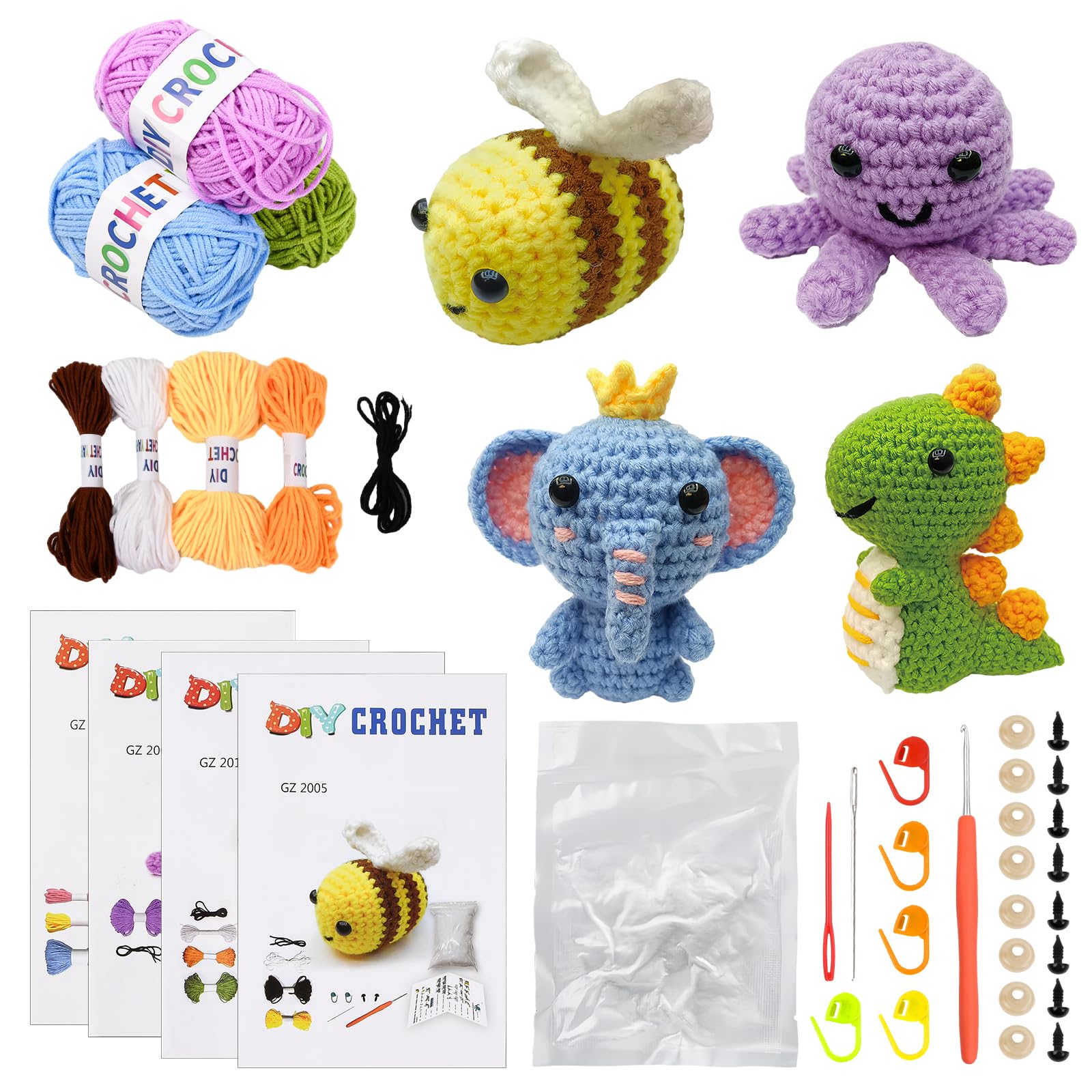 Rapidbok 4 Pezzi Set fai da te all'uncinetto,Set di lavori a maglia creativi,Kit per Animali All'uncinetto,con 4 diversi modelli di uncinetto(Elefante/Dinosauro/Ape/Polpo),per Adulti e Principianti