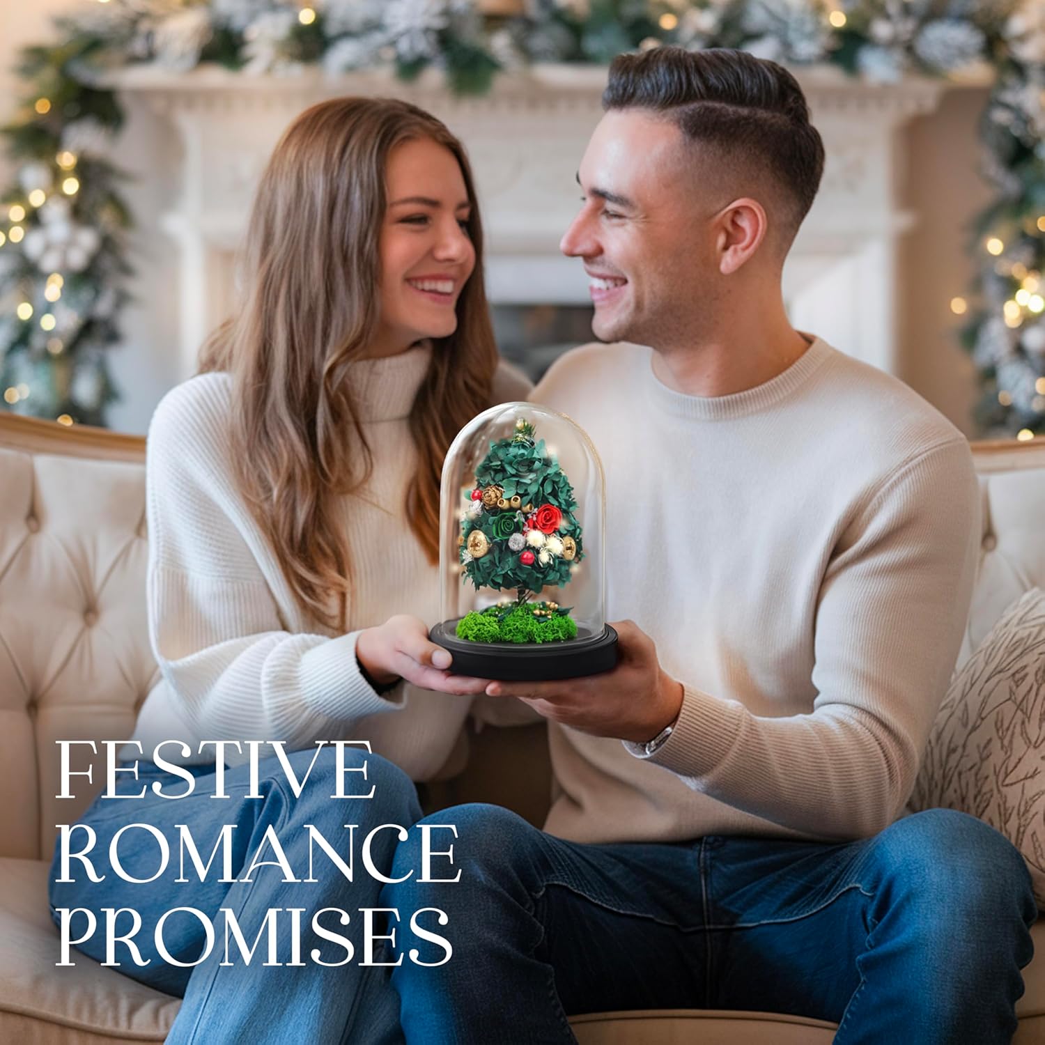 GLAMOUR BOUTIQUE Mini Christmas Tree Preserved Flower in Glass Dome w/Light - Flowers Forever Christmas Table Decor, Long Lasting Eternal Flowers Box & Bow, Unique Gift, Classic Green (Color-Treated)