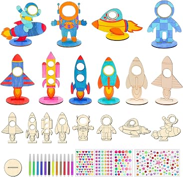 BAPHILE 24 Pcs Rocket Space Wooden Craft Kit Rocket for Painting,Unfinished Wood Cutouts Crafts,DIY Outer Space Birthday Party Decorations