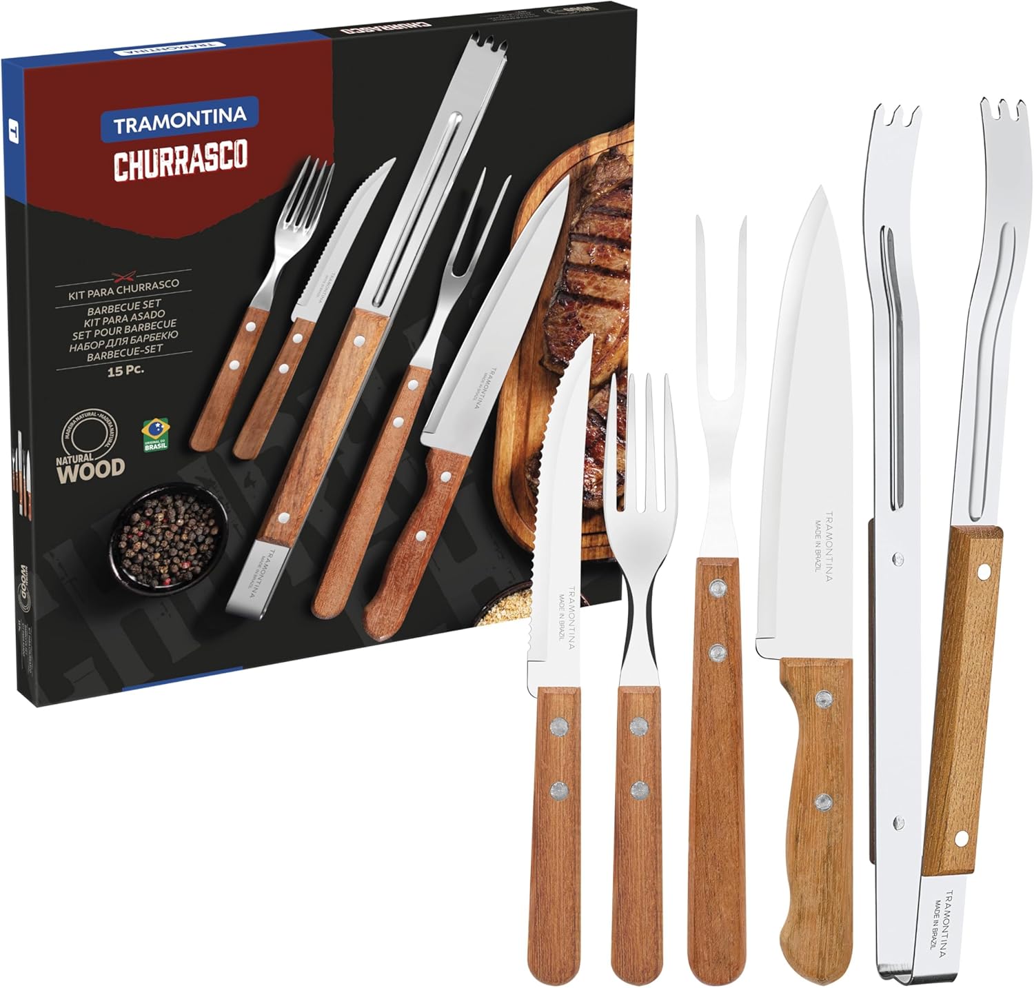 Tramontina 15-Piece Stainless Steel Barbecue Tool Set with Wood Handle