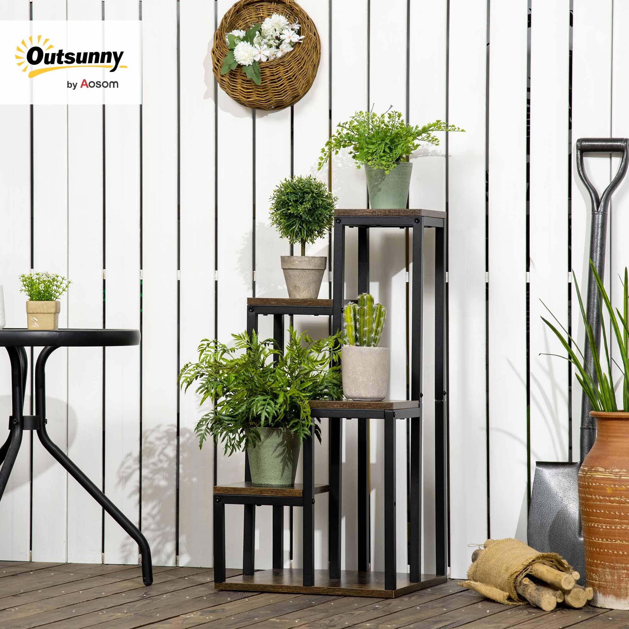 Outsunny Support pour Plantes 4 Étagères Porte-Plante 40 x 40 x 81 cm Noir | Étagère à Fleurs, Différentes Hauteurs, Structure Acier, Intérieur, 4 Plateaux