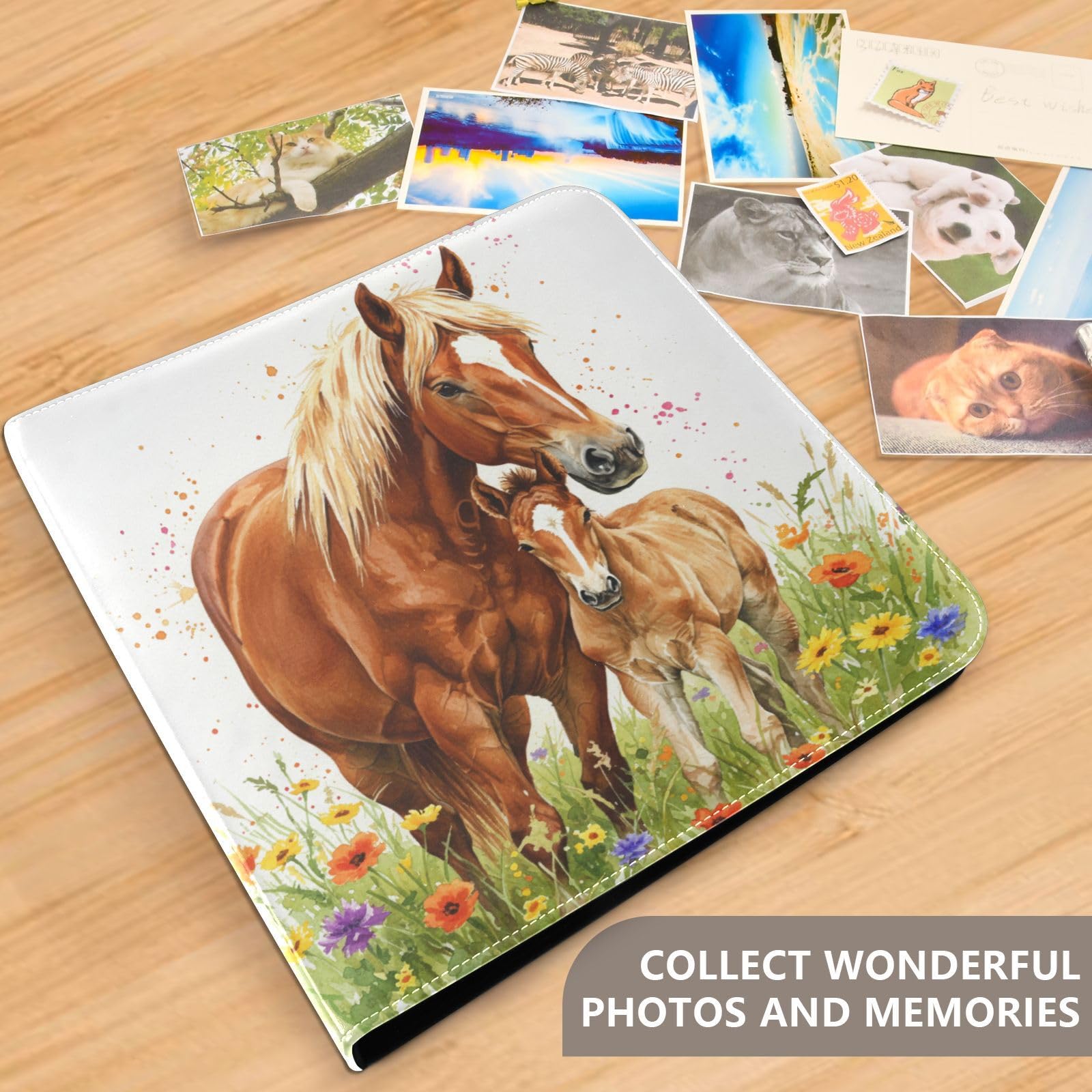 JIPONI Álbum de fotos grande con diseño de caballo salvaje, cubierta de piel, álbumes de recortes para fotos de 4 x 6, 5 x 7, 6 x 8, libro de recuerdos autoadhesivo para bodas, bebés, familia