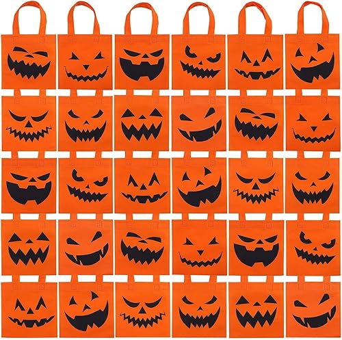 Miniatura 7 de Elcoho Paquete de 30 bolsas no tejidas de Halloween para pedir dulces o trucos, bolsas de calabaza, bolsas de regalo con asas, recuerdos de fiesta