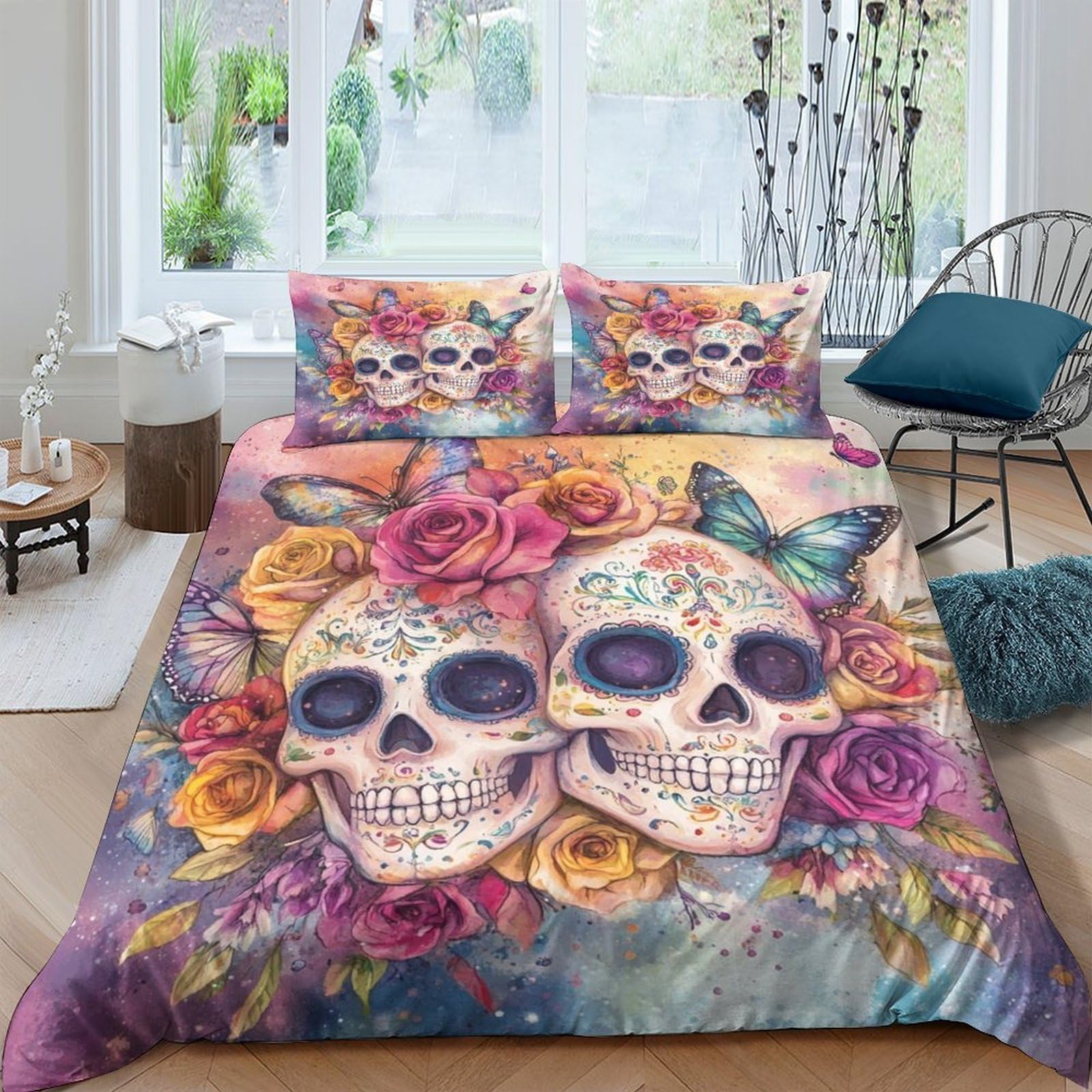 Ctjqhvkz Style-5 3D Printed Sugar Skull Fitted Sheet Microfiber Colorful Floral Mattress Cover For Bedroom Dorm Protective Decor Single（135X200cm）