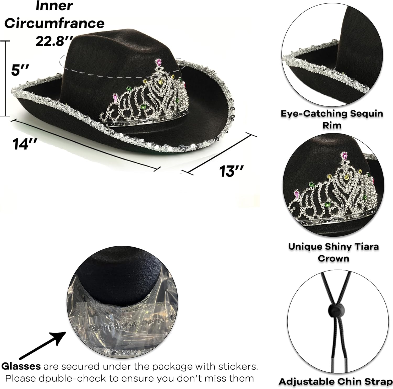 aFuncredible Green Cowboy Hat and Glasses - Preppy Cowgirl Hat with Tiara - Sparkly Cowboy Hat - Cowgirl Outfit Accessories - Image 2