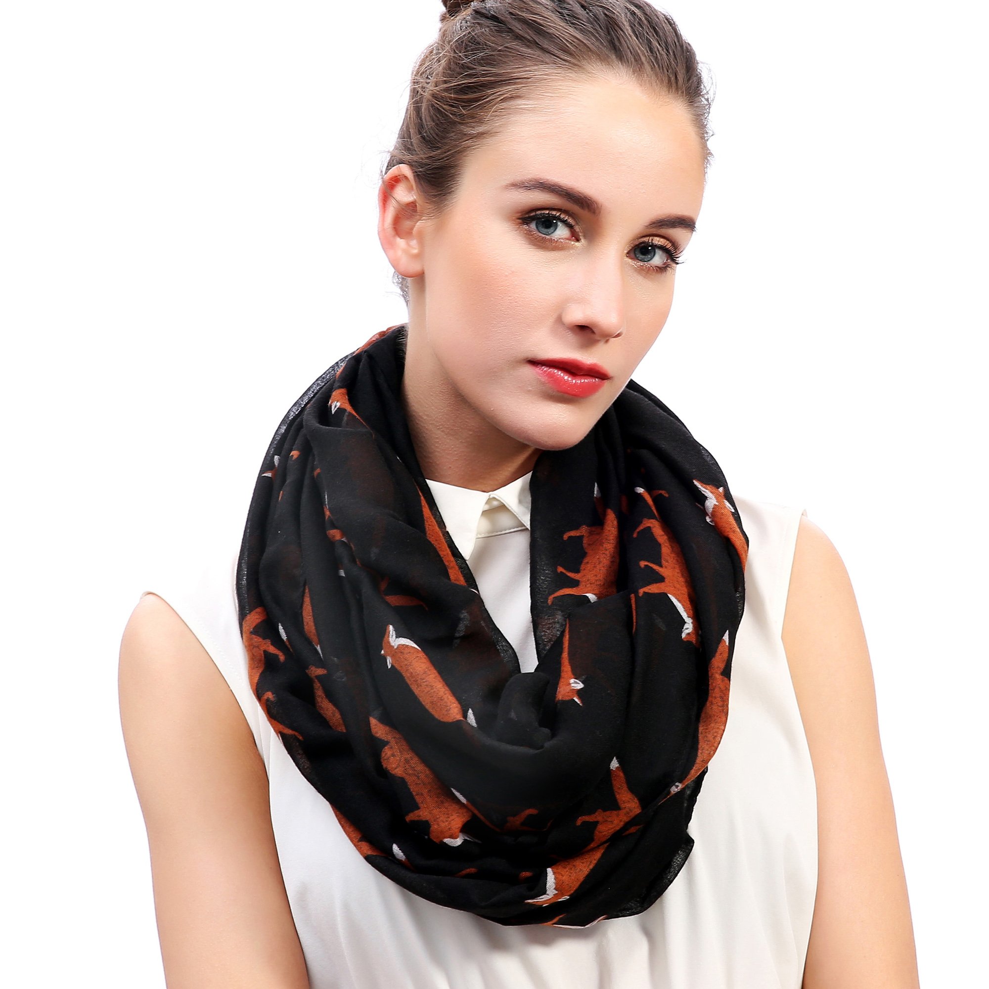 Lina & Lily Fox Animal Print Ladies Lightweight Snood Infinity Scarf (Black)