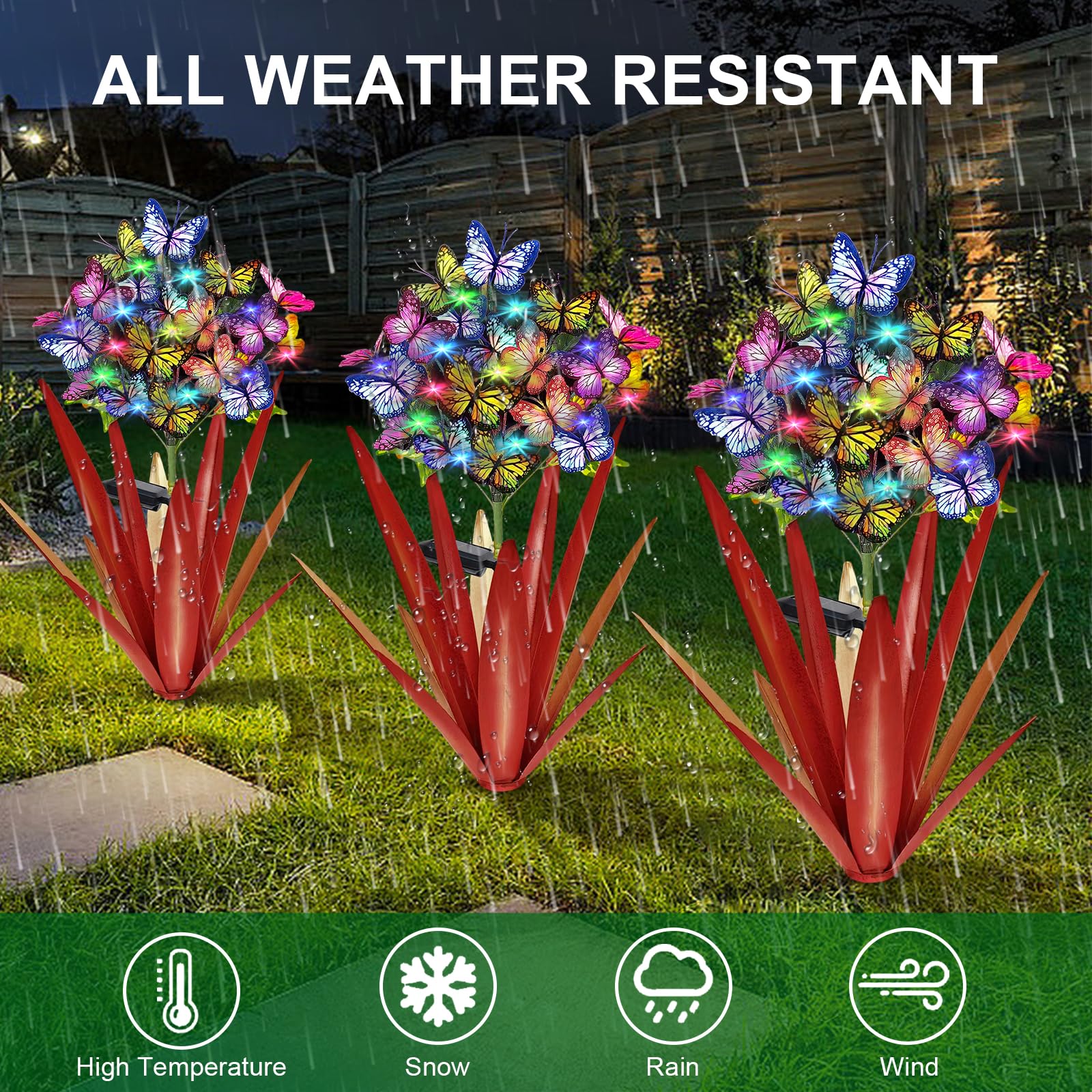 Homight Solar Metall Agave Schmetterling Blume Stick Garten Skulptur – Outdoor Weihnachtslichter, schwingende Solarleuchten Geschenk (2 Stück rot)