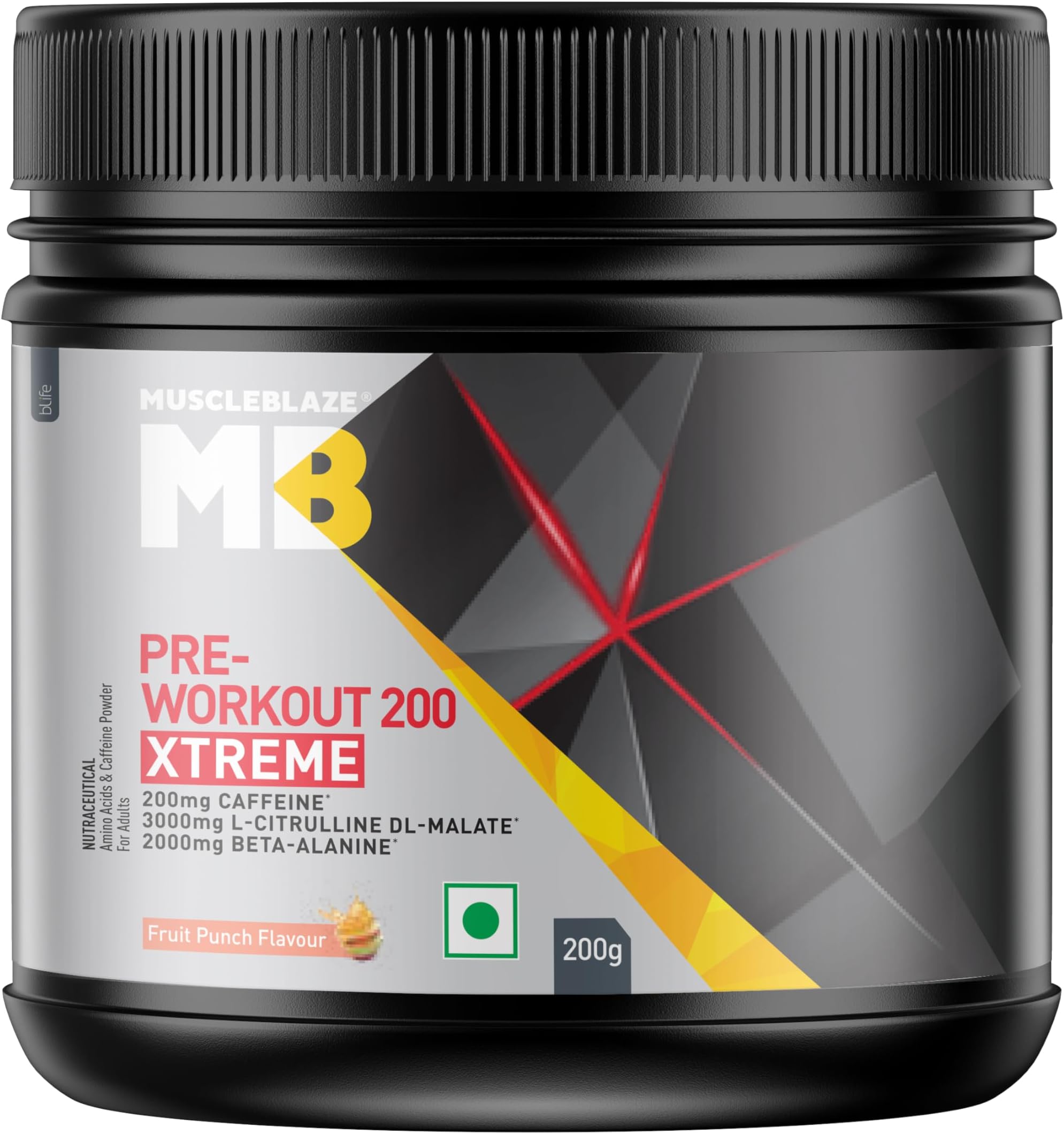 MuscleBlaze Pre Workout 200 Xtreme (Fruit Punch, 30 Servings, 200g) | 200mg Caffeine, 200mg Theanine, 2000mg Beta Alanine, 3000mg Citrulline