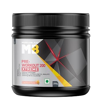 MuscleBlaze Pre Workout 200 Xtreme (Fruit Punch, 30 Servings, 200g) | 200mg Caffeine, 200mg Theanine, 2000mg Beta Alanine, 3000mg Citrulline
