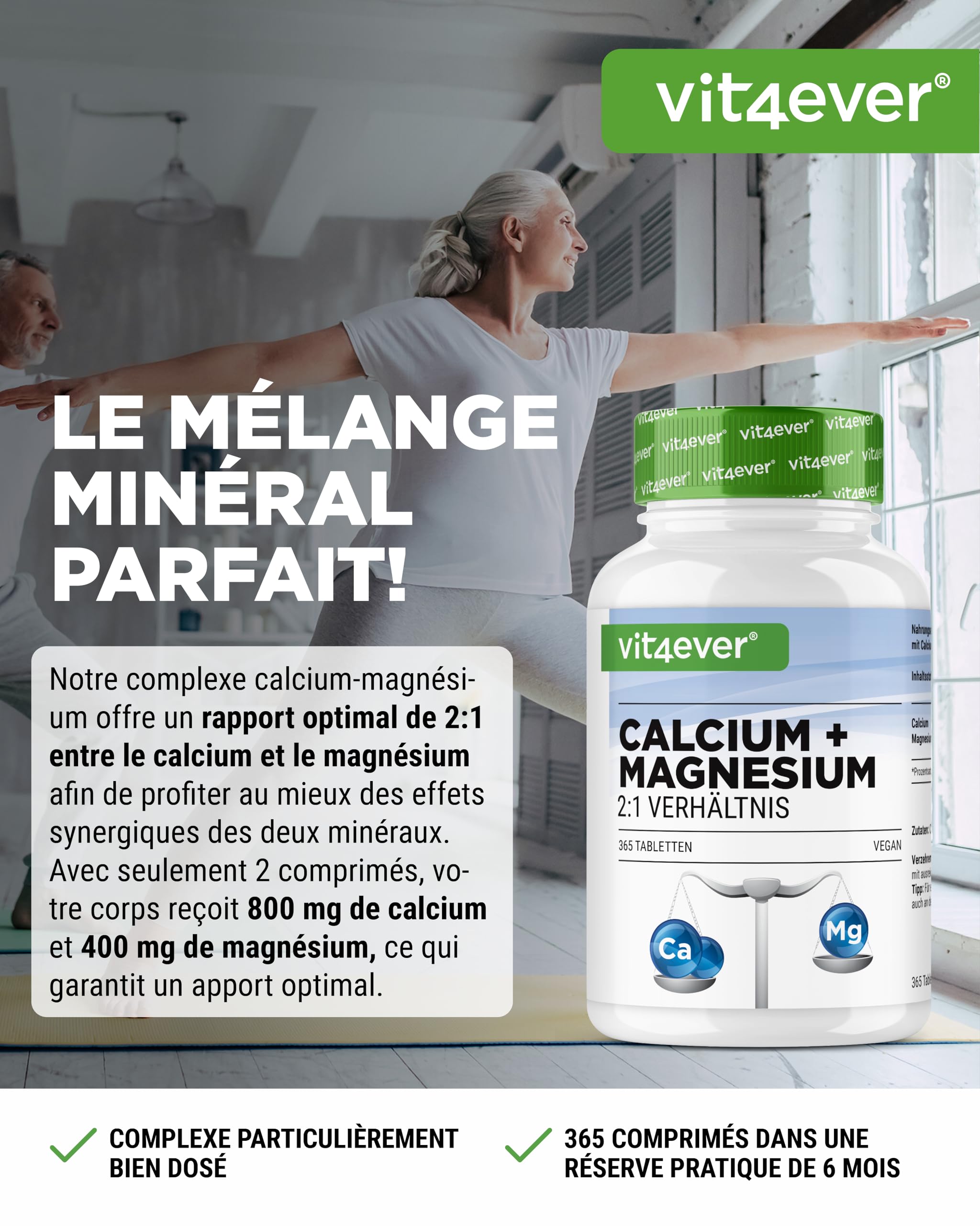 Calcium 800 mg + Magnésium 400 mg (2 comprimés) - 365 comprimés - 6 mois d'approvisionnement - Complexe de calcium + magnésium dans un rapport 2:1 - Végétalien - Fortement dosé.