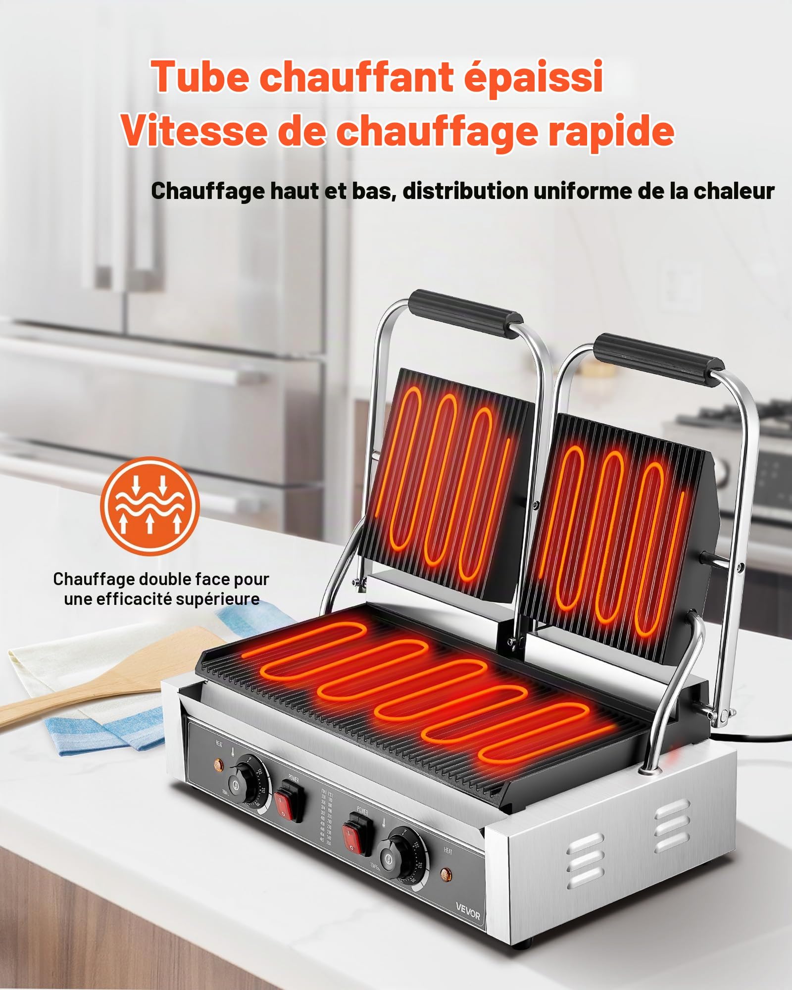 VEVOR Gril Panini Électrique 3600 W, Double Presse à Panini avec Plaque Émaillée Rainurée de 48,5x23 cm, Appareil à Sandwich en Inox, Contrôle de la Température, pour Hamburger, Steak, Cuisine