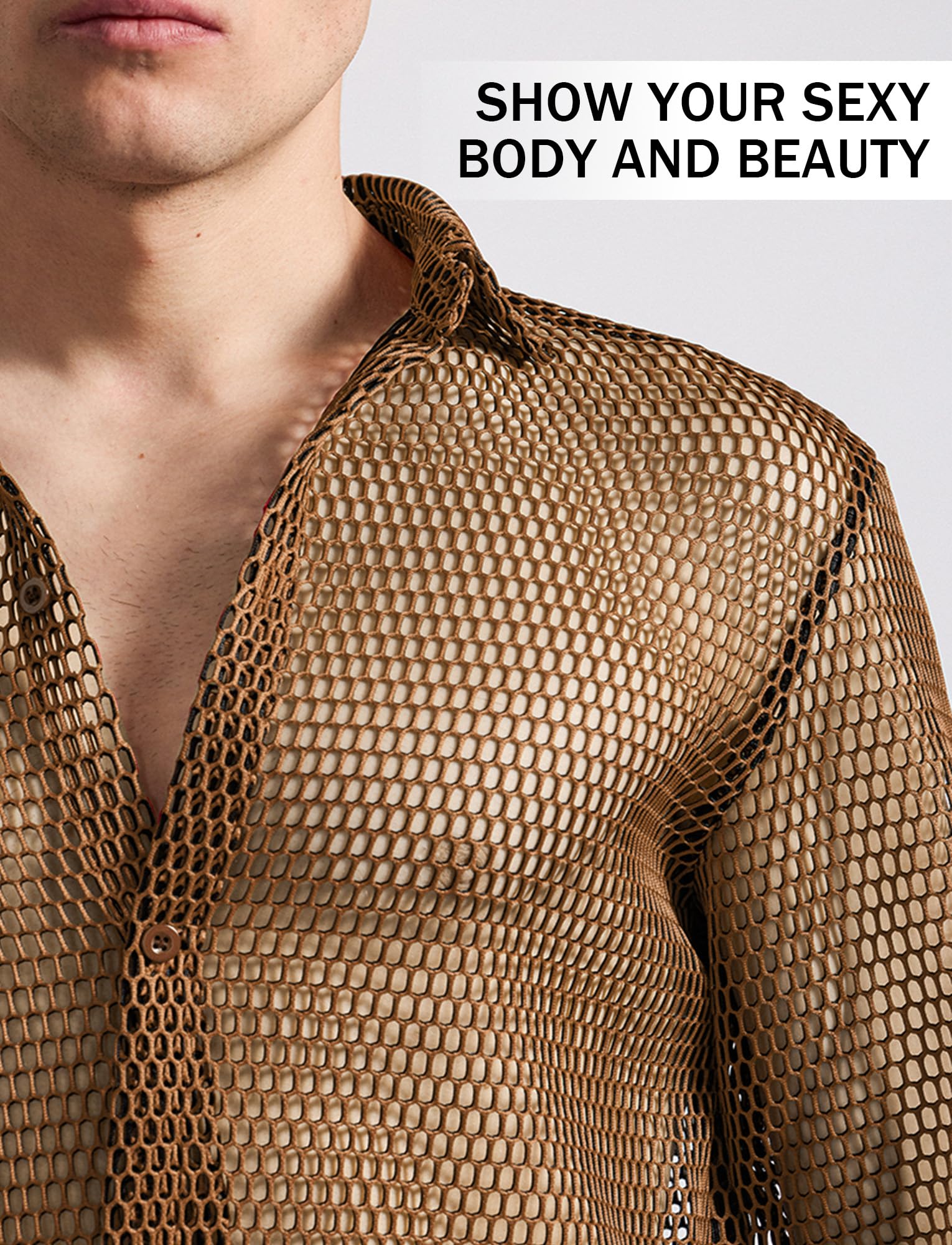 AIEOE Herren Netzhemd Langarm Fishnetz Hemd Durchsichtiges Muskelshirt Button Down Netztop S-XXL