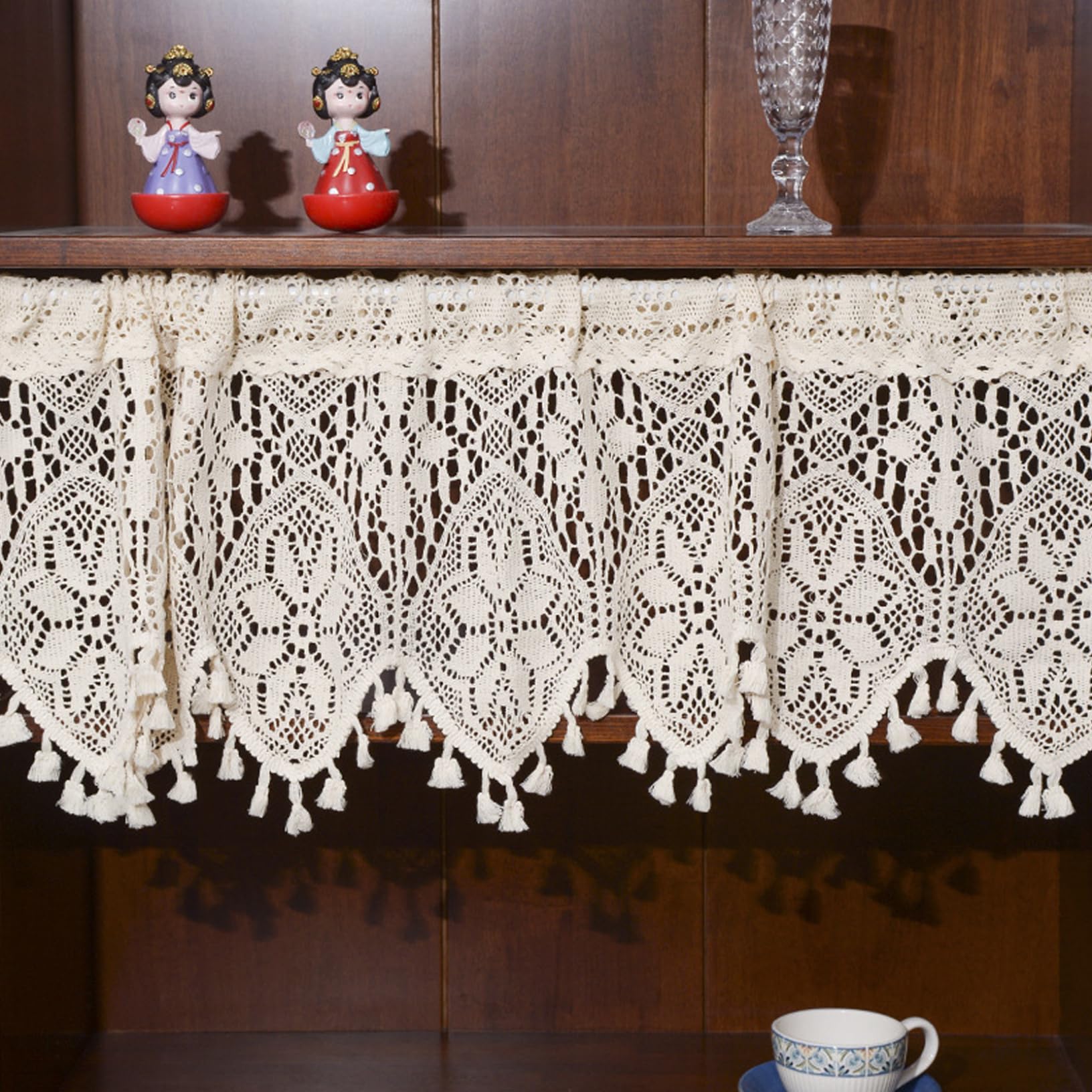CNAFGBGG Lace Valance Beige White Crochet Rustic Boho Hollow for Window with Tassel Half Blackout Decorative Window Valances for Bedroom, Living Room, Valance Only, 47x15.