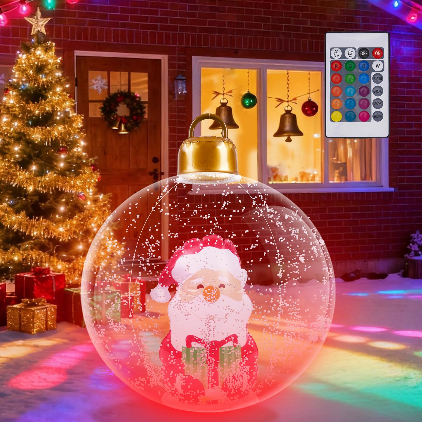 24 Inch Light Up Inflatable Christmas Balls Ornaments,PVC Santa Claus Inflatable Christmas Decorations Ball with LED Light,Xmas Blow Up Ball Outdoor