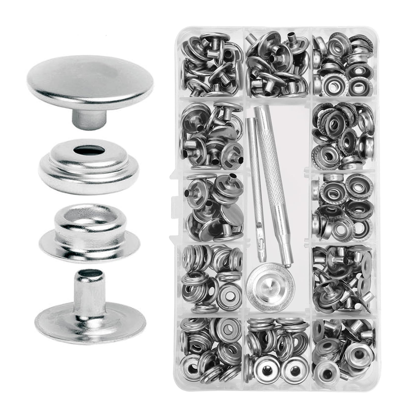 ZODKSNO 200pcs Snap Fastener Kit, 15mm Stainless Steel Press Studs with 3 Setting Tools for Sewing Leather Craft
