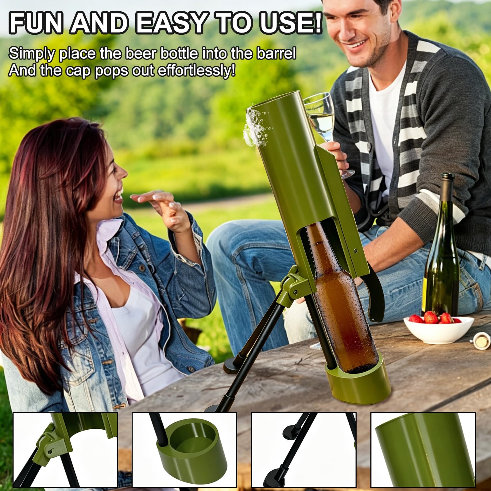 Mortaio apribottiglie da 6 cm, mortaio per birra per bottiglie da 0,33L–0,5L, cannone apribottiglie con lanciatore di tappi a corona