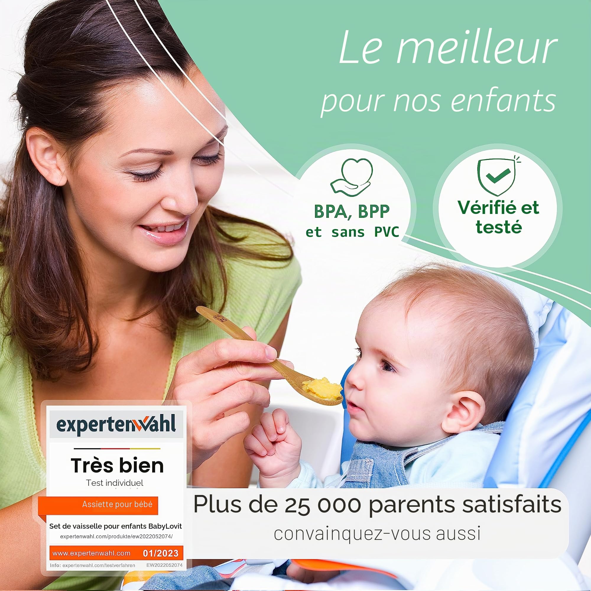 Ventouse pour bébé et cuillère en bambou naturel L'original «Bambol» de Babylovit | Forme de vache | Apprenez les plats | Boîte repas assiette