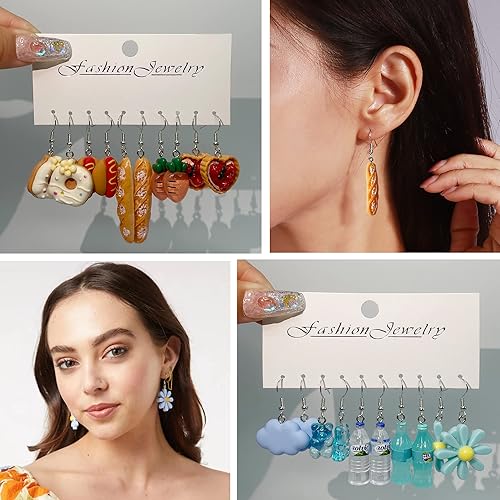 Miniatura 4 de 30-40 pares de aretes extraños, lindos y divertidos, con diseños de osos de gomita, patos, hongos, frutas y flores, para mujeres, aretes colgantes,