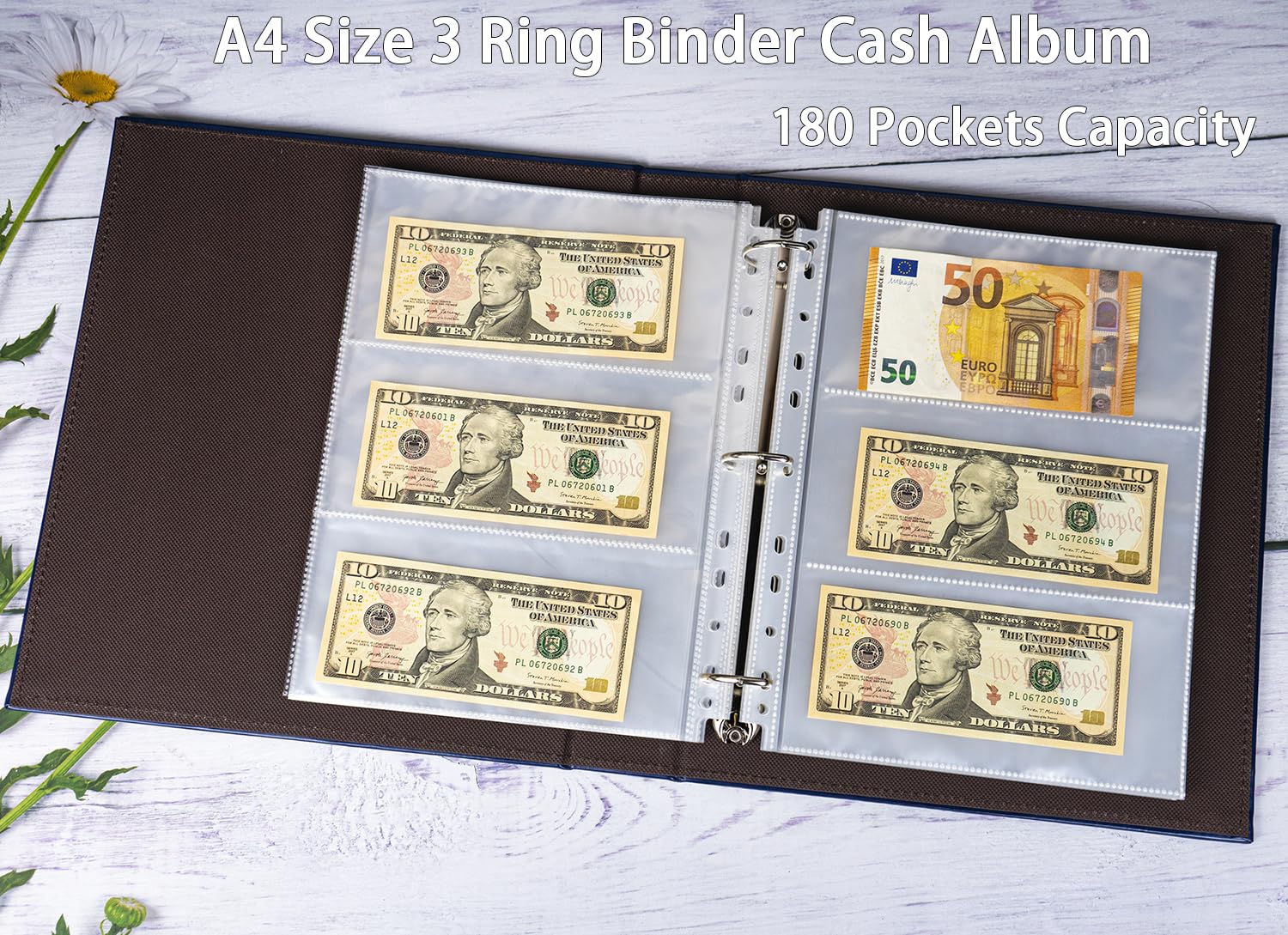 Reliure A4 3 anneaux avec 30 pages de 180 Pochettes, carnet de Collection en cuir PU, Pour Collectionner les Euros, l'argent en Papier, les Devises étrangères et les Coupons
