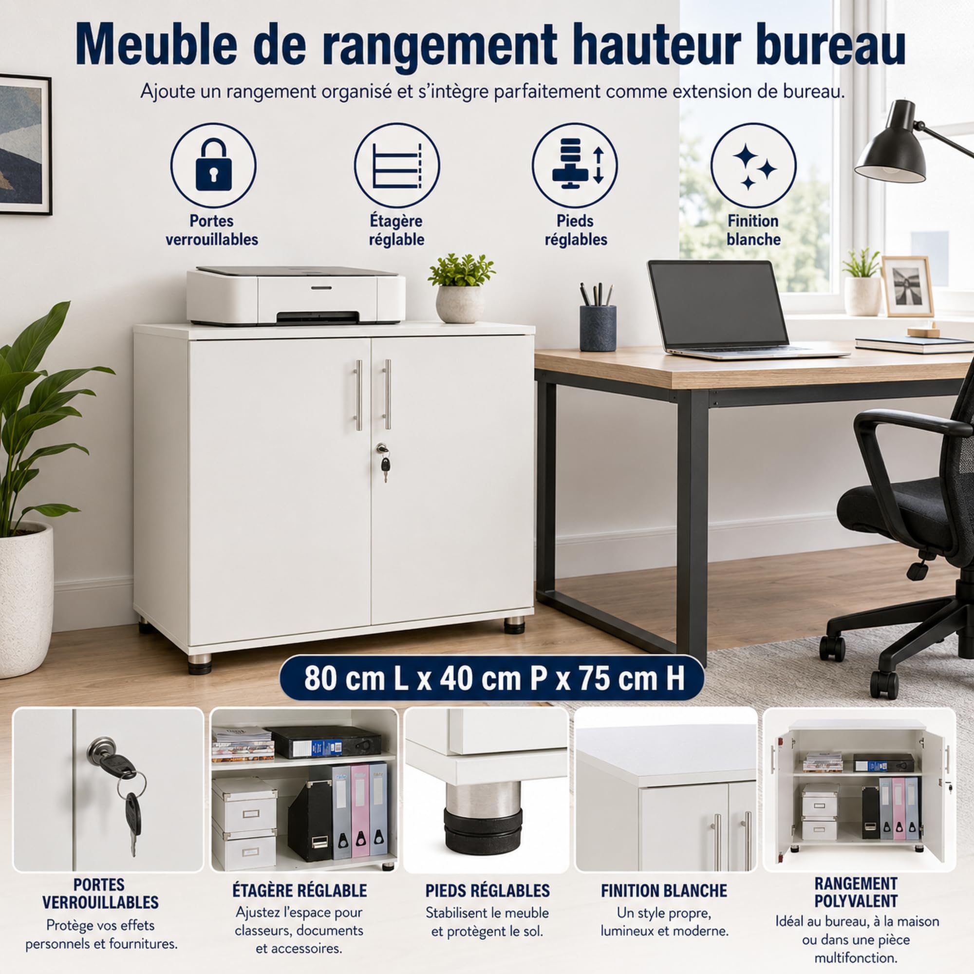 Armoire de Rangement de Bureau avec 2 Portes Blanc Hauteur 73 cm