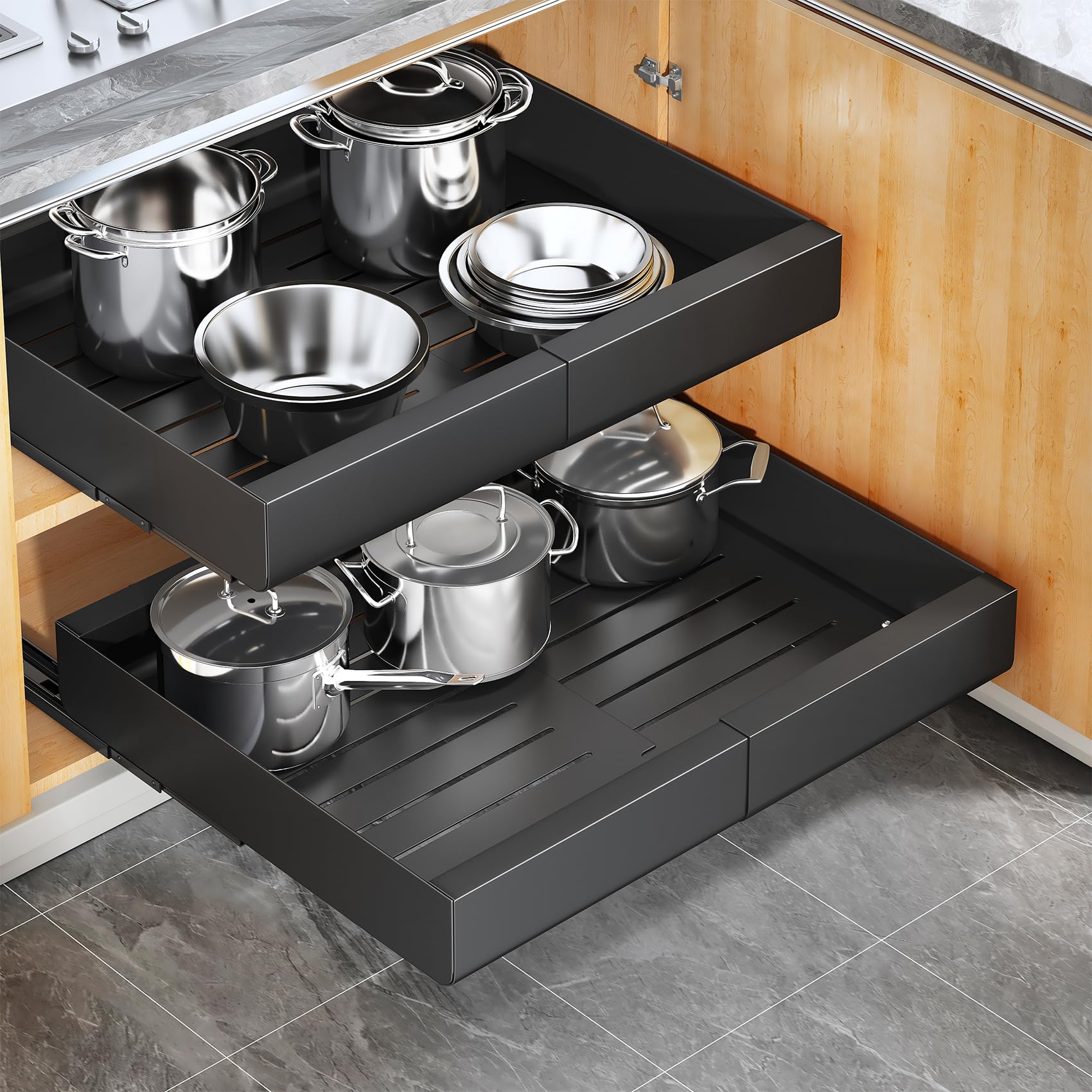 KitstorackPull Out Cabinet Organiser, Extendable Slide Out Drawer Storage Shelves for Kitchen Cupboard with Adhesive Film, Sliding Drawer Organiser Shelf, (43 Depth x 30-50 Width x 5.8 Height CM)