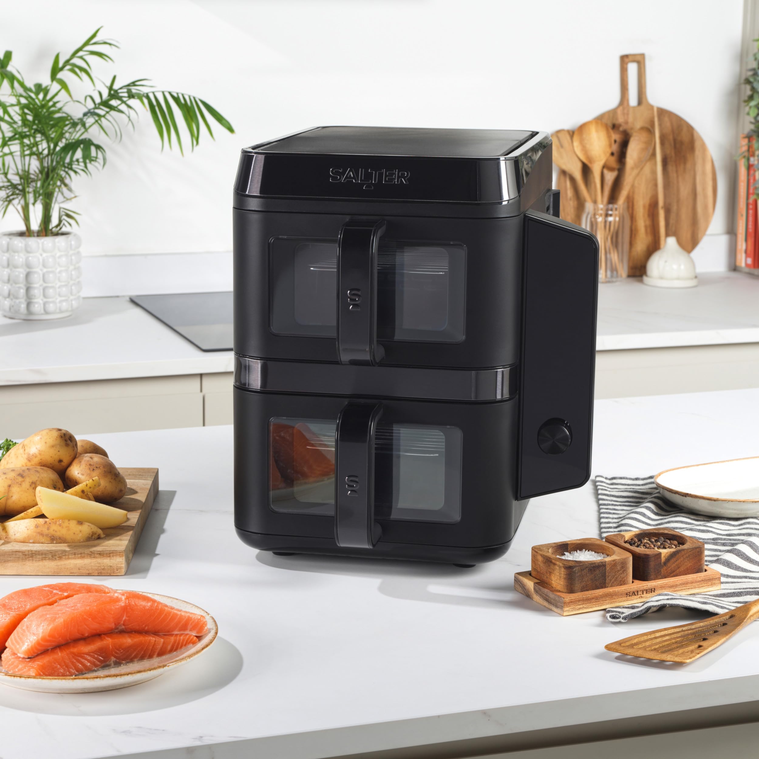 Salter Friggitrice ad aria verticale con doppio cassetto, cuoce su 4 livelli, capacità di 9L attraverso due cestelli da 4.5L, design salvaspazio, 12 funzioni di cottura con Sync & Match, senza PFAS