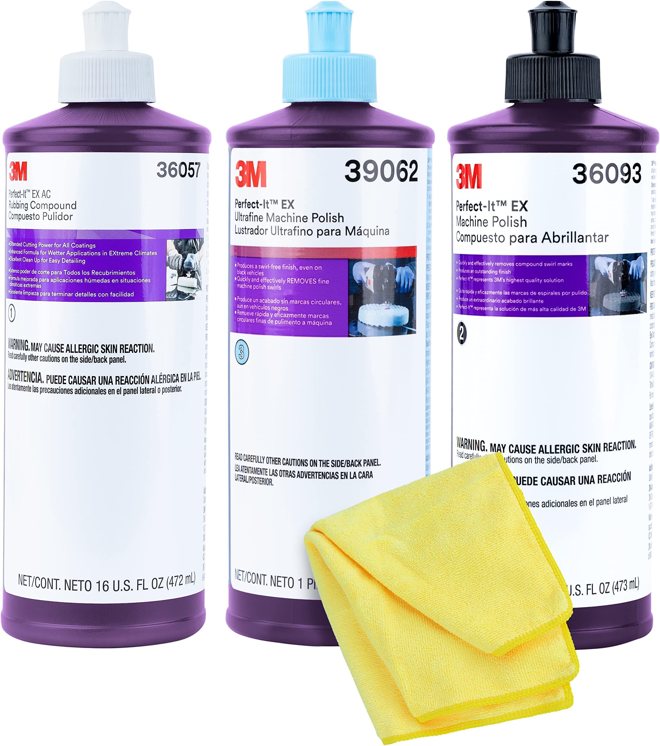3M Perfect It Buffing and Polishing Kit | 36057 39062 36093 3M Pint Rubbing Compound, Machine Polish, Ultrafine Polish | Buffing Compound, Car Polishing Kit | with Kangaroobands Microfiber Cloth
