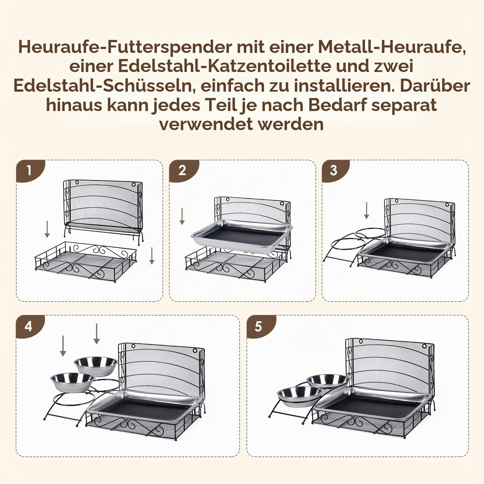 3 in 1 Kaninchen Heu Futterstation mit Edelstahl Katzentoilette und 2 Stucks Futternäpfe für Haustiere Heuraufe für Kleine Haustiere Kaninchen Hamster Meerschweinchen