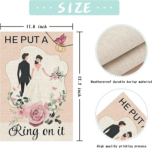 Miniatura 2 de Bandera de jardín con texto en inglés "He Put a Ring on It", de arpillera vertical de doble cara, boda, compromiso, propuesta, despedida de soltera,
