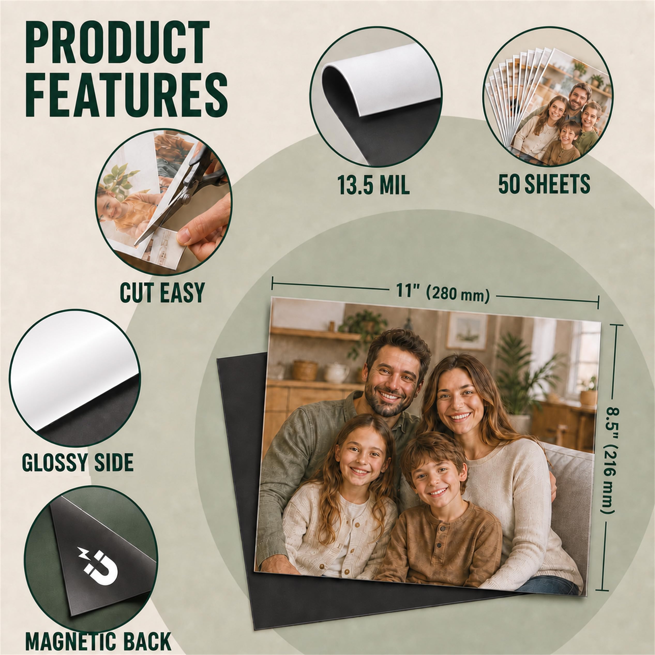 Imán imprimible a granel hojas brillantes para impresora de inyección de tinta, hacer fotos de refrigerador 13.5 mil 8.5 x 11 pulgadas, 50 hojas de papel magnético grueso para Cricut