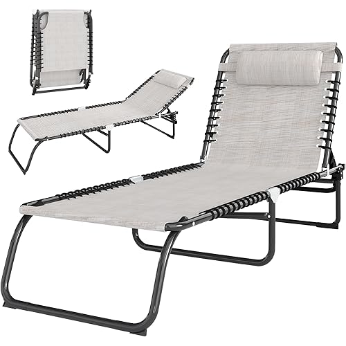 Outsunny Folding Chaise Lounge Chair, Patio Sun Tanning Chair, Outdoor Chaise Lounger with 4-Position Reclining Back, Breathable Mesh Seat for Beach, Poolside, Yard, Cream White
