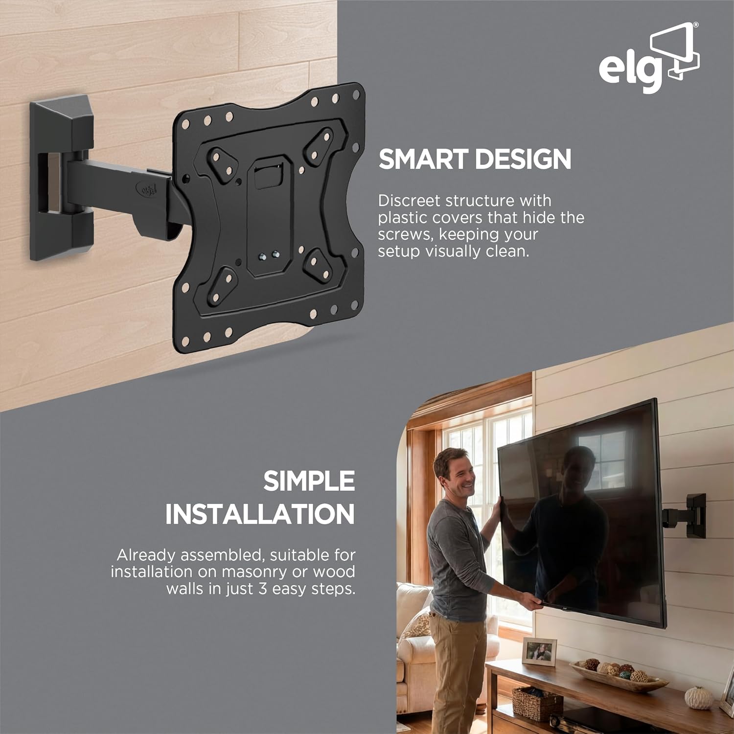 ELG Full Motion Articulating TV Wall Mount for 12-42" Screens with Swivel, Tilt & Extension, Holds Max 66.1lbs, VESA 75x75mm to 200x200mm, Heavy-Duty Steel, Black
