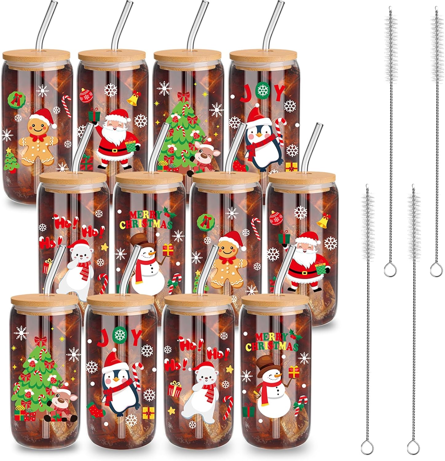 12 Pcs Christmas Glass Cups 16 oz Drinking Glasses with Bamboo Lids and Straws Christmas Iced Coffee Cup Drinkware Santa Snowflake Tumbler Holiday Mugs Xmas Gift for Women Mom(Classic Style)