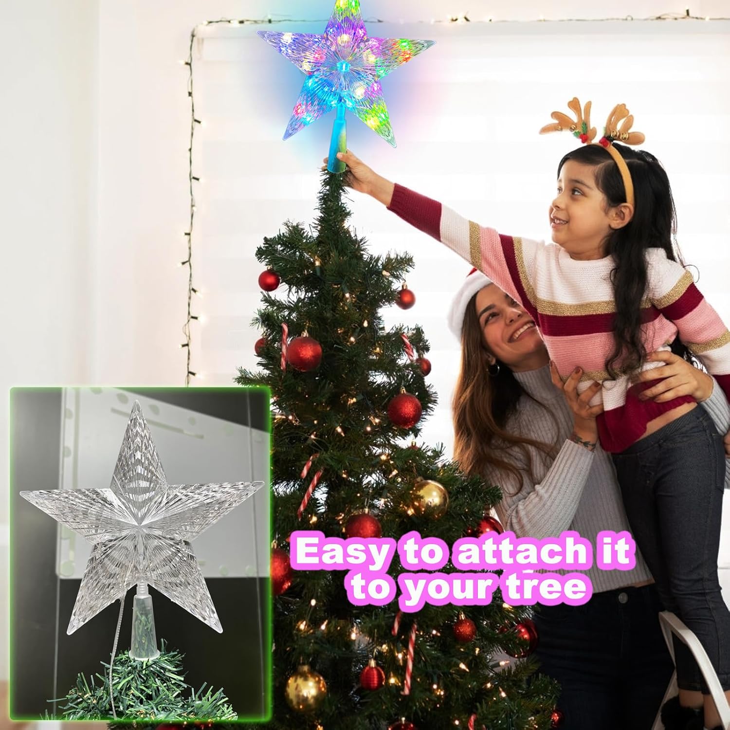 Christmas Tree Topper Star 9.0" LED Lighted Star Tree Top w/Remote Control, 128 Light Modes, Color Changing, Dimmable, Timer, USB Plug in, Wire 16.4Ft Treetop for Xmas Holiday Party Gift Decorations