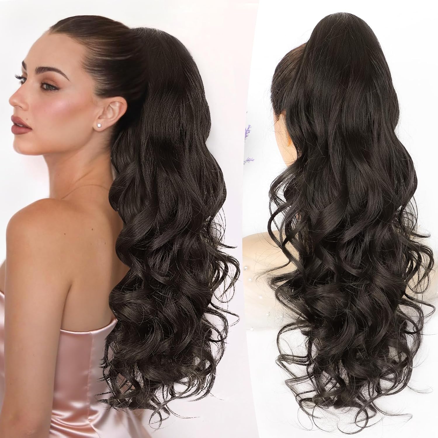 ALXNAN Ponytail Extension,24 Inch Claw Clip in Long Curly Wavy Black Brown Ponytail Hair Extension Jaw Clip on Pony Tails Hairpiece for Women