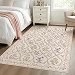 Tapis 5x7 lavable : grand tapis boho pour salon, tapis doux antidérapant, tapis fin intérieur, tapis floraux neutres non pelucheux pour chambre, salle à manger, crèche, beige