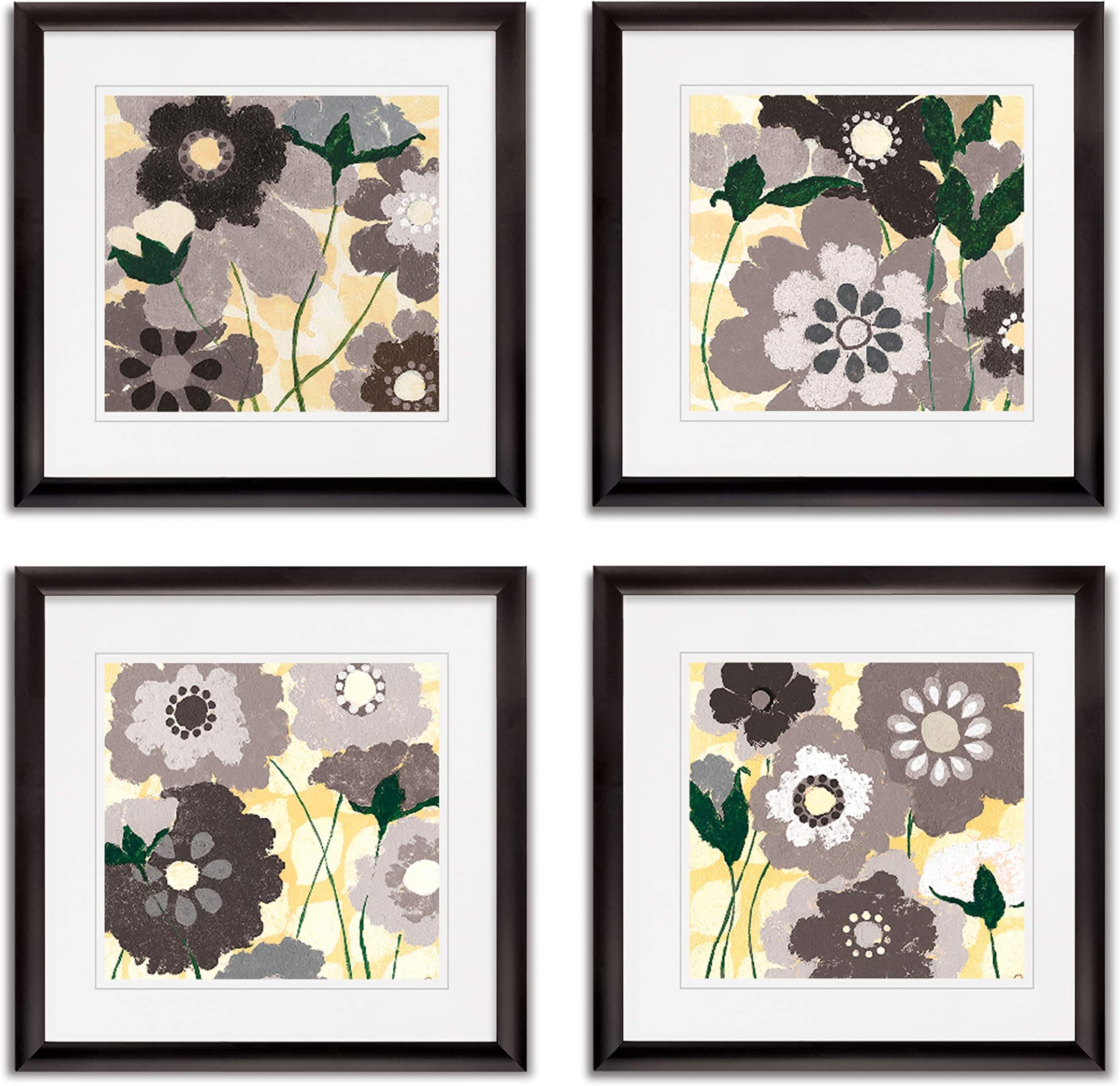 Break Spring Collection Flower Print 4 Panels Set Framed Décor for Home Office Wall Art, 20 x 20 in BlackFrame