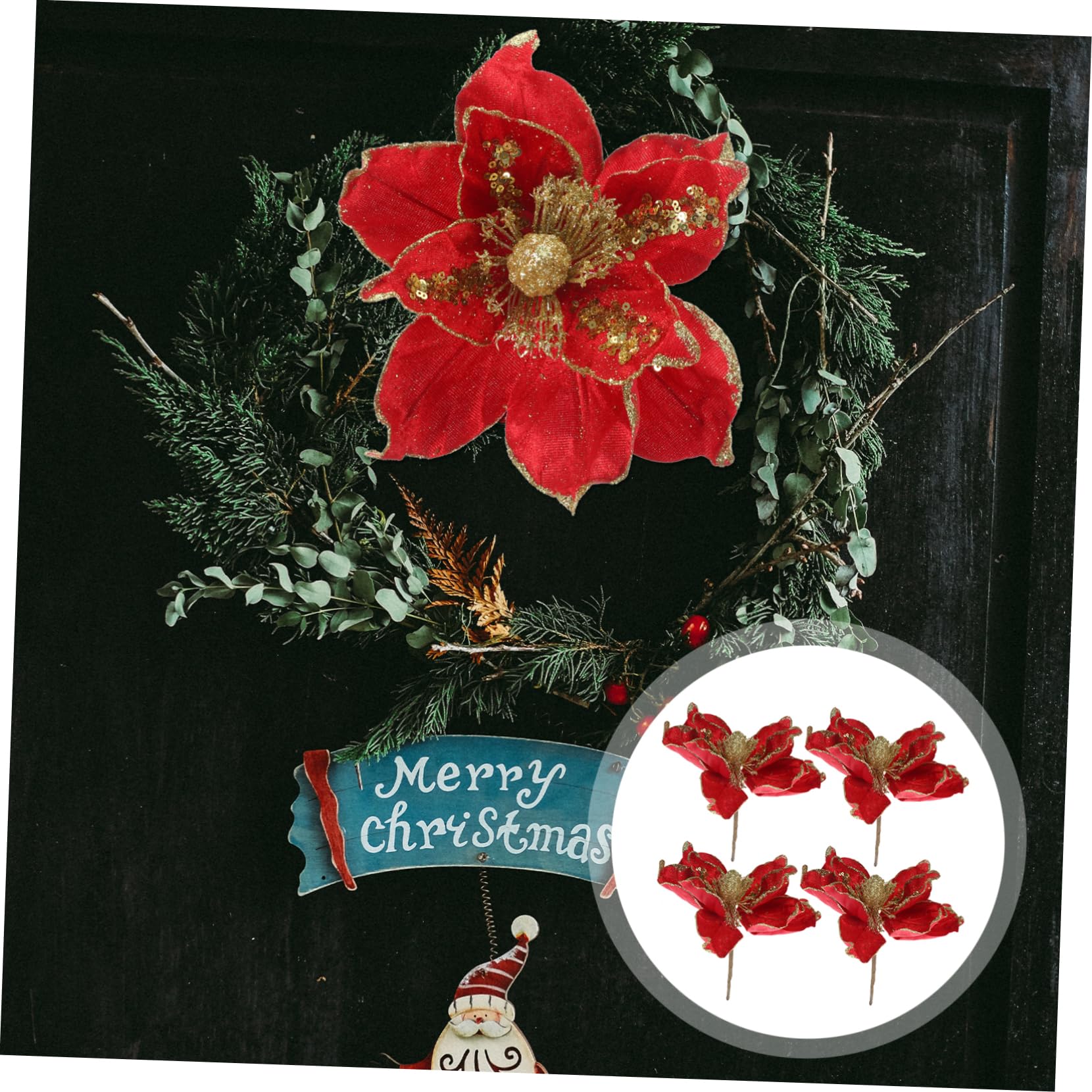 Cabilock 4 Juegos Flor Artificial De Navidad Poinsettia Artificial Flowers para Arbol De Navidad Flor De Pascua Artificial Flor De Nochebuena Flores De Nochebuena Decorativas Paño 4 Uds * 4